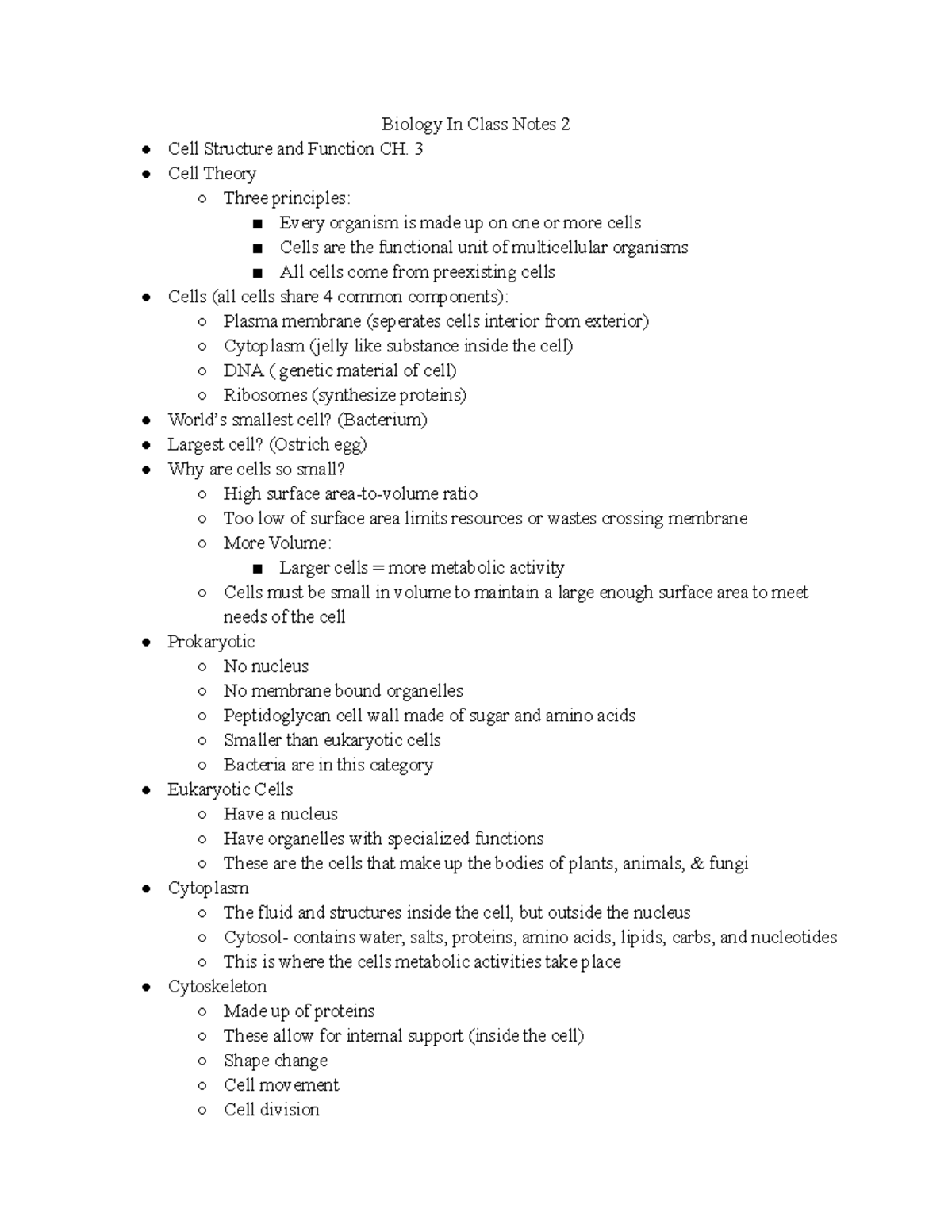 Biology In Class Notes 2 - 3 Cell Theory Three principles: Every ...