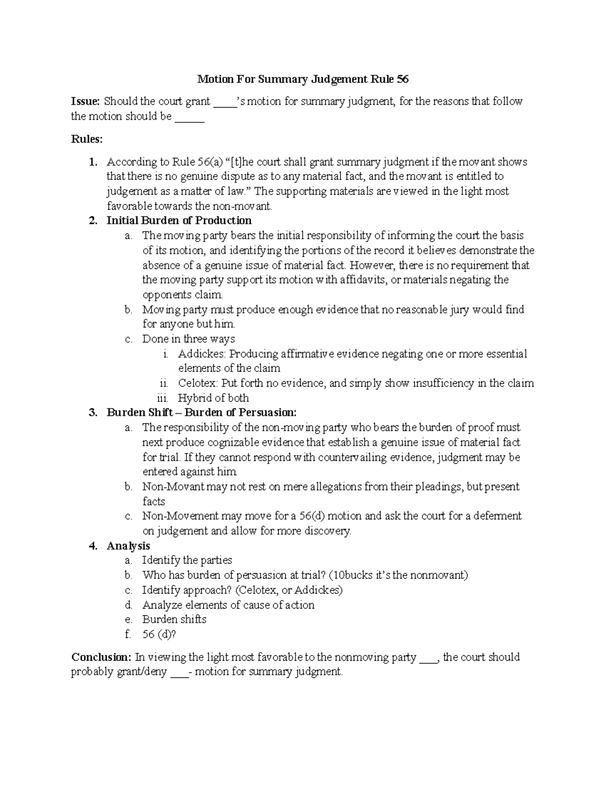 Motion For Summary Judgement Rule 56 ” The supporting materials are