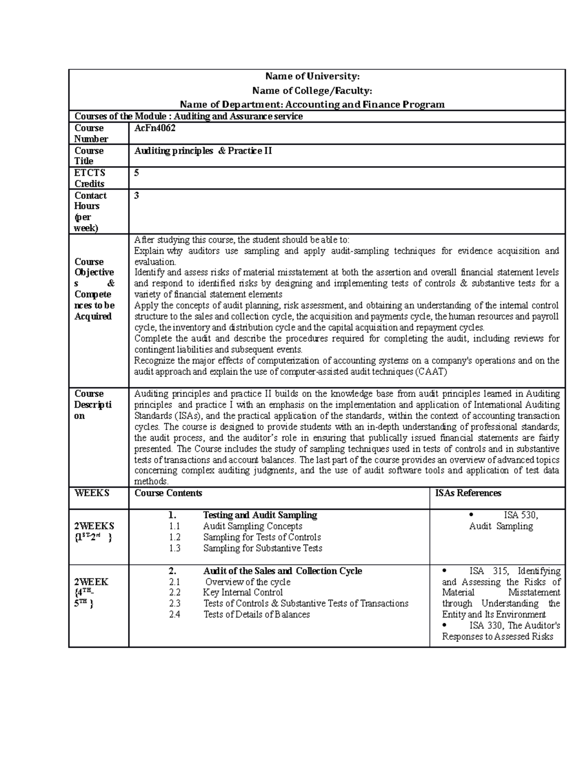 Auditing II Course outline - Name of University: Name of College ...