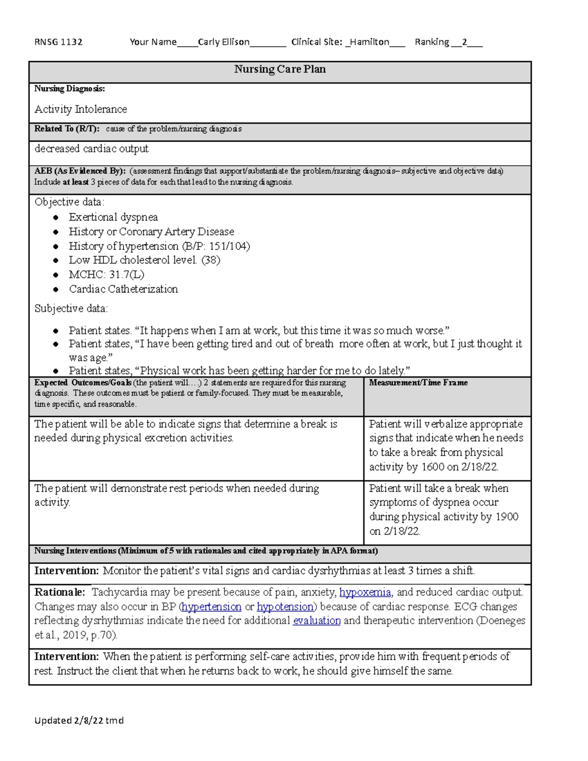 Activity Intolerance- Final 1 - RNSG 1132 Your Name____Carly Ellison ...