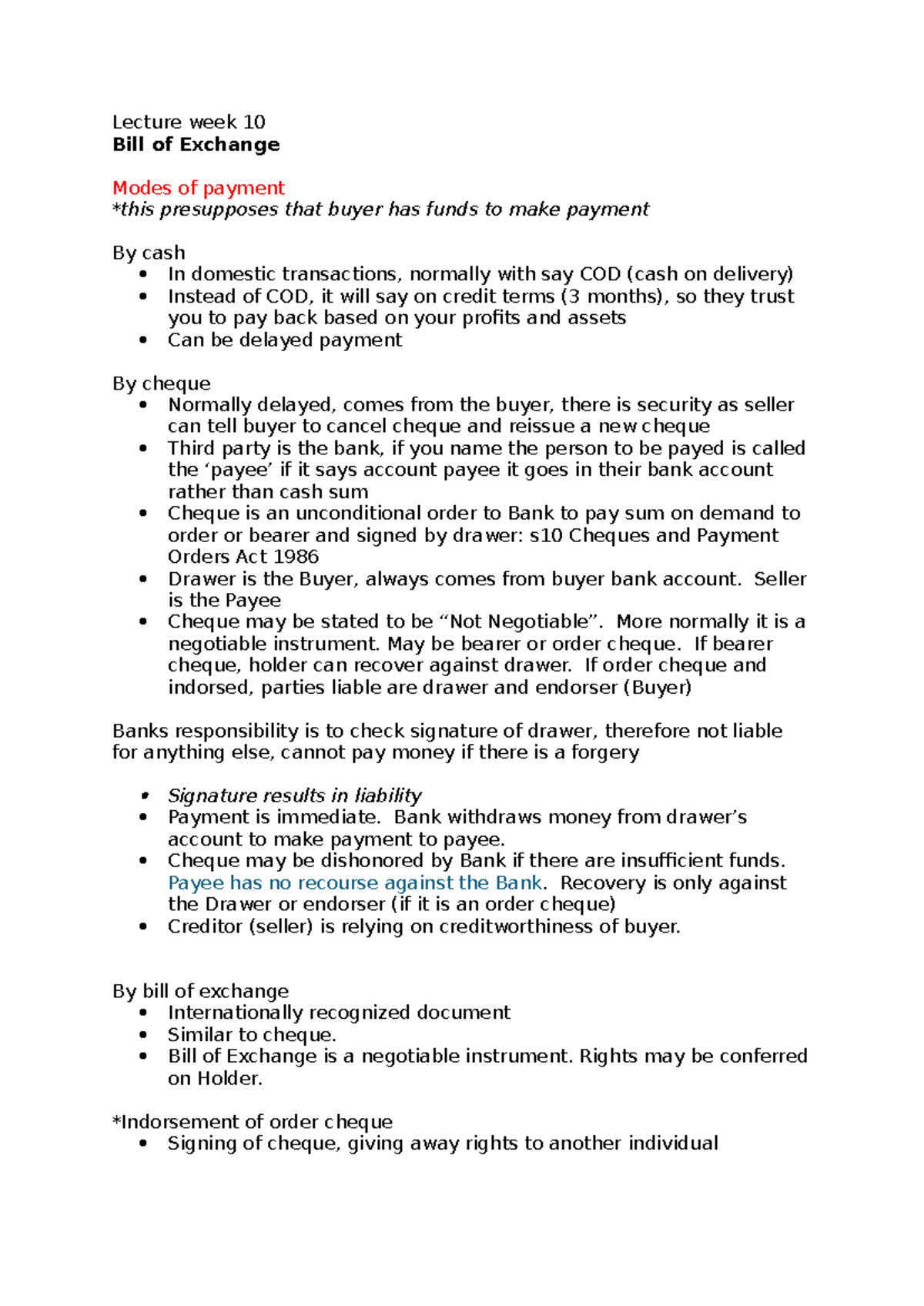 Lecture week 10 - Lecture week 10 Bill of Exchange Modes of payment ...