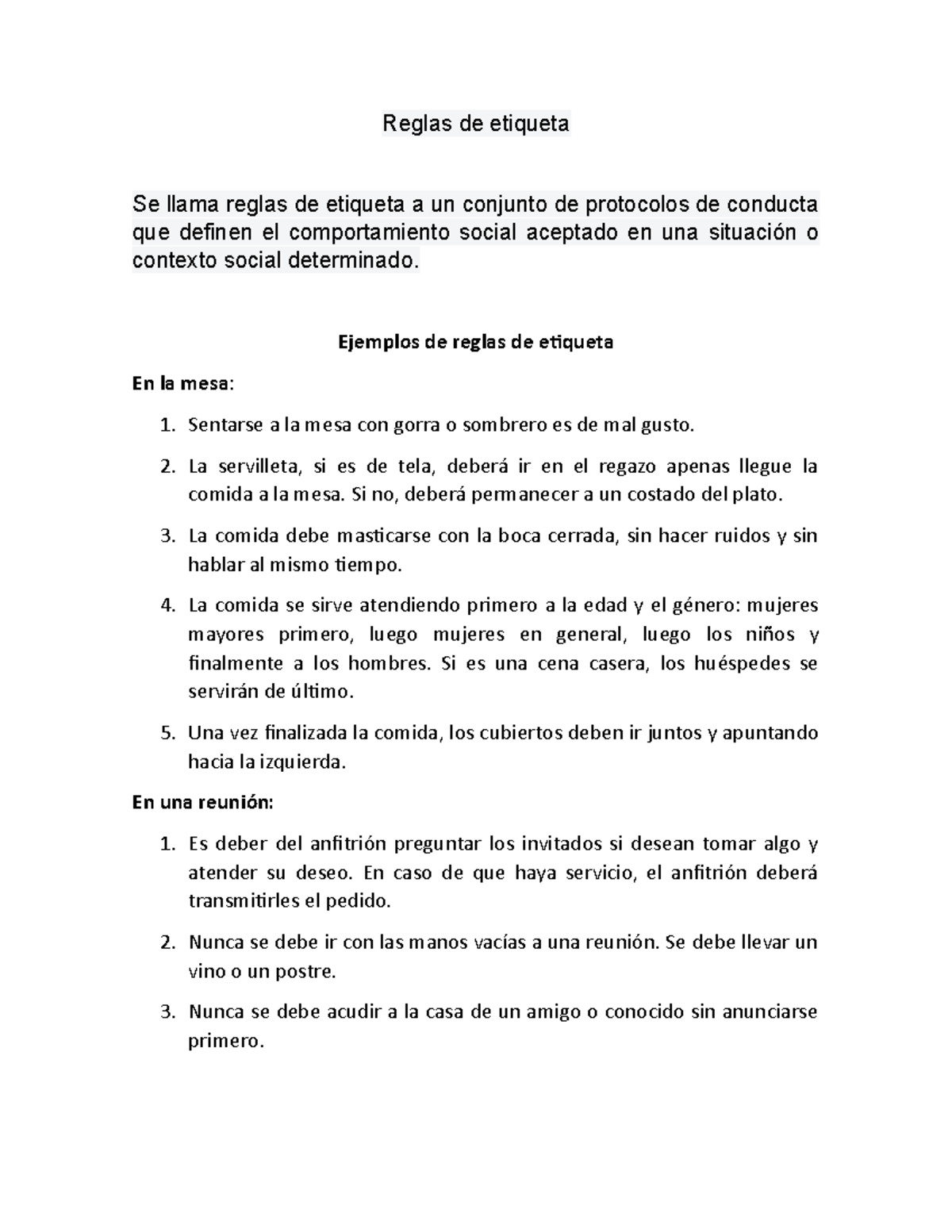 Reglas de etiqueta - Ejemplos de reglas de etiqueta En la mesa ...