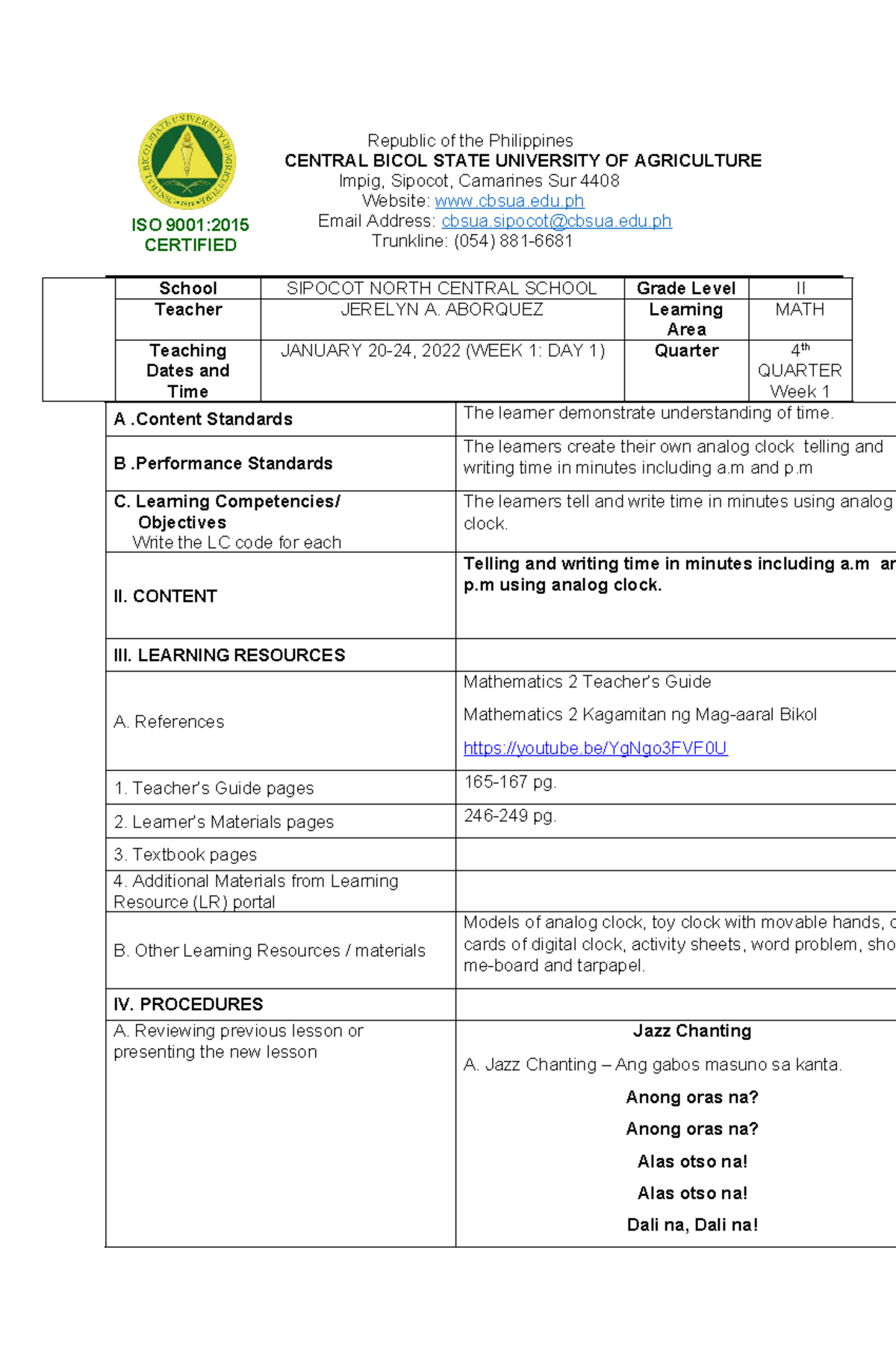 Tell time mathematics 2 - ISO 9001: CERTIFIED Republic of the ...