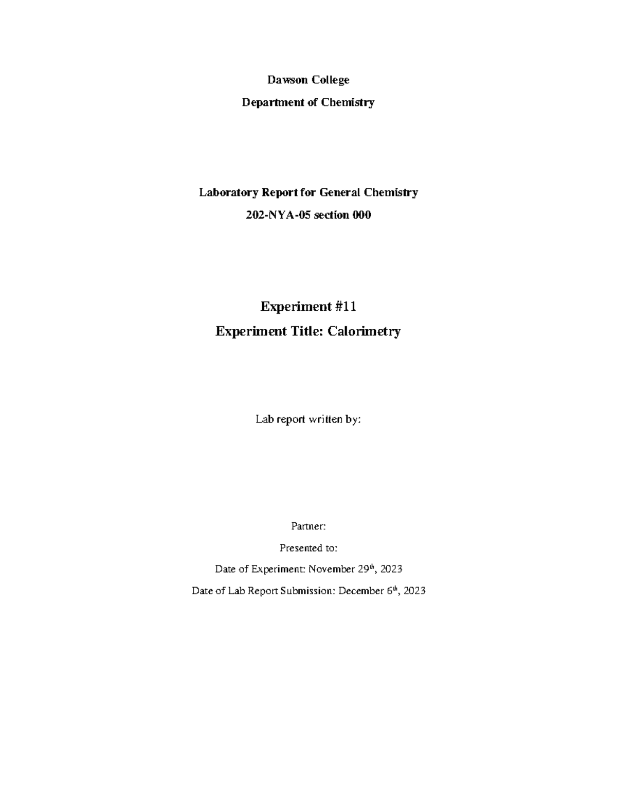 Calorimetry lab Dawson College Department of Chemistry Laboratory