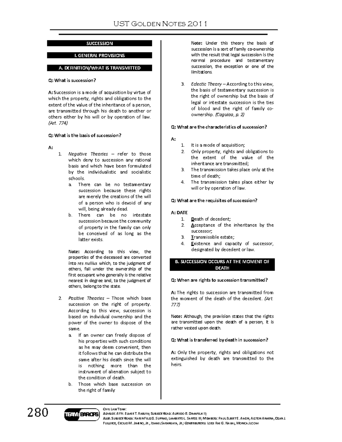 Succession - Notes - UST GOLDEN NOTES 2011 SUCCESSION 280 CIVIL LAW ...