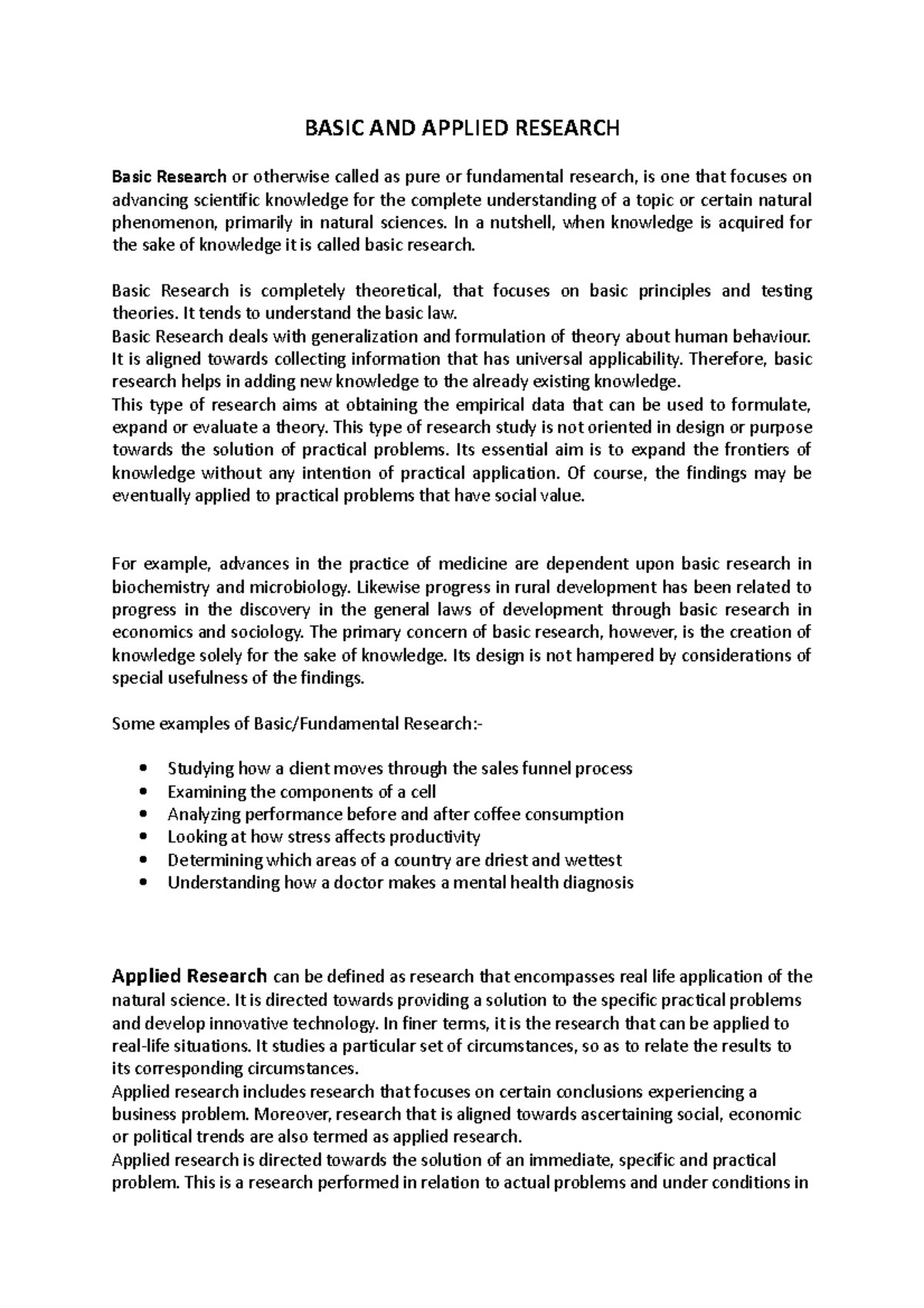 Basic AND Applied Research - BASIC AND APPLIED RESEARCH Basic Research ...
