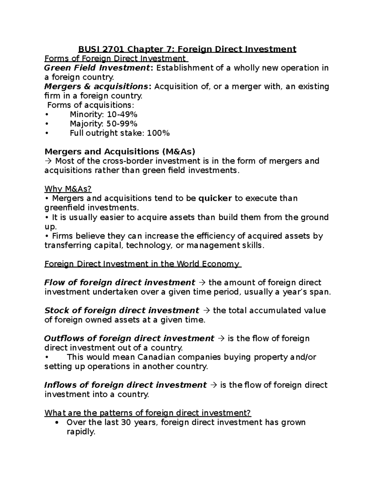 Chapter 7 Notes - Foreign Direct Investment - BUSI 2701 Chapter 7 ...