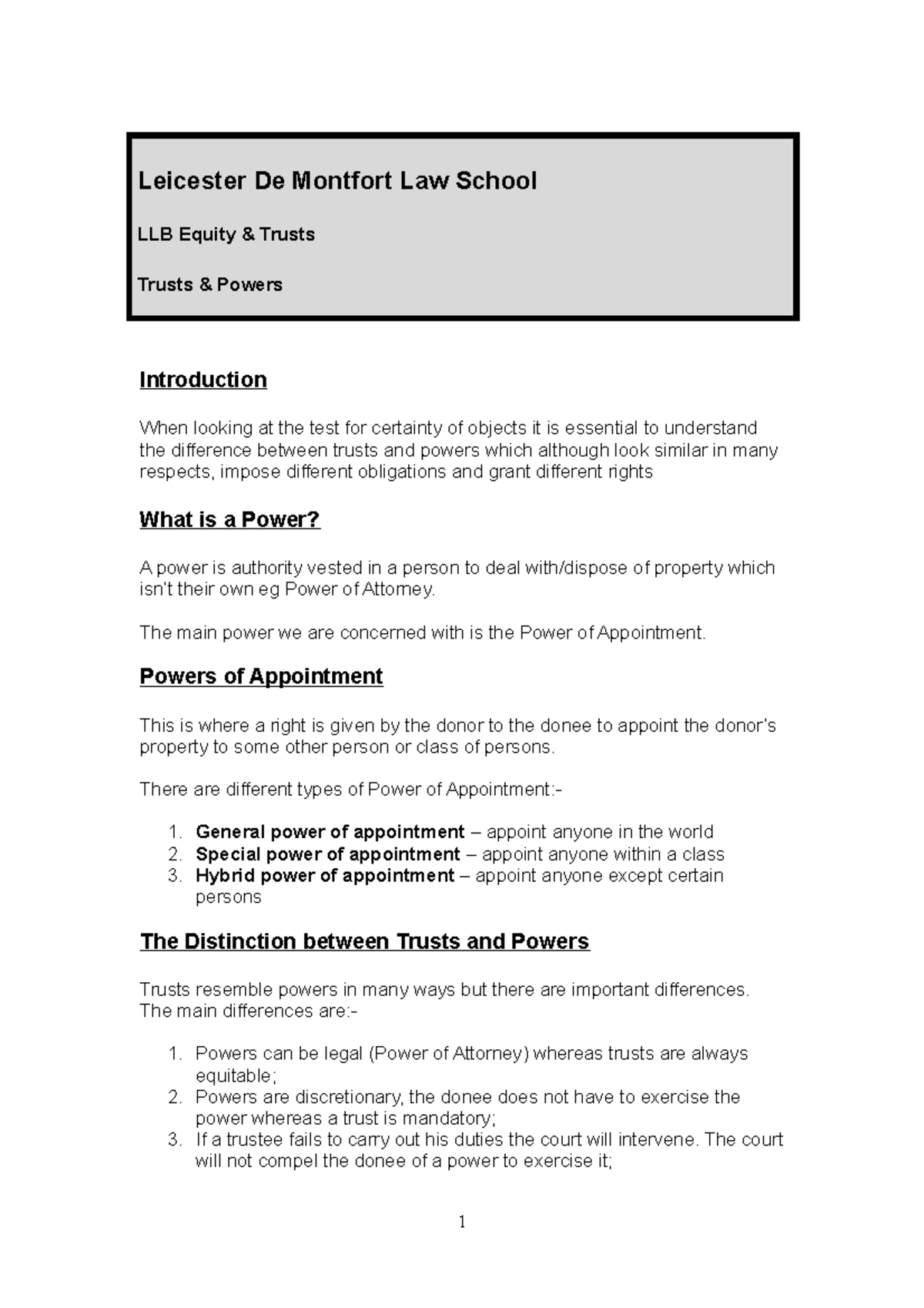 Trusts and Powers Equity notes Leicester De Montfort Law School LLB