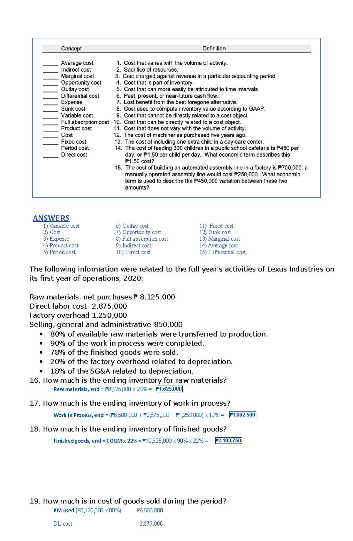 COST Accounting quiz and problem solving ANSWERS Variable cost 6
