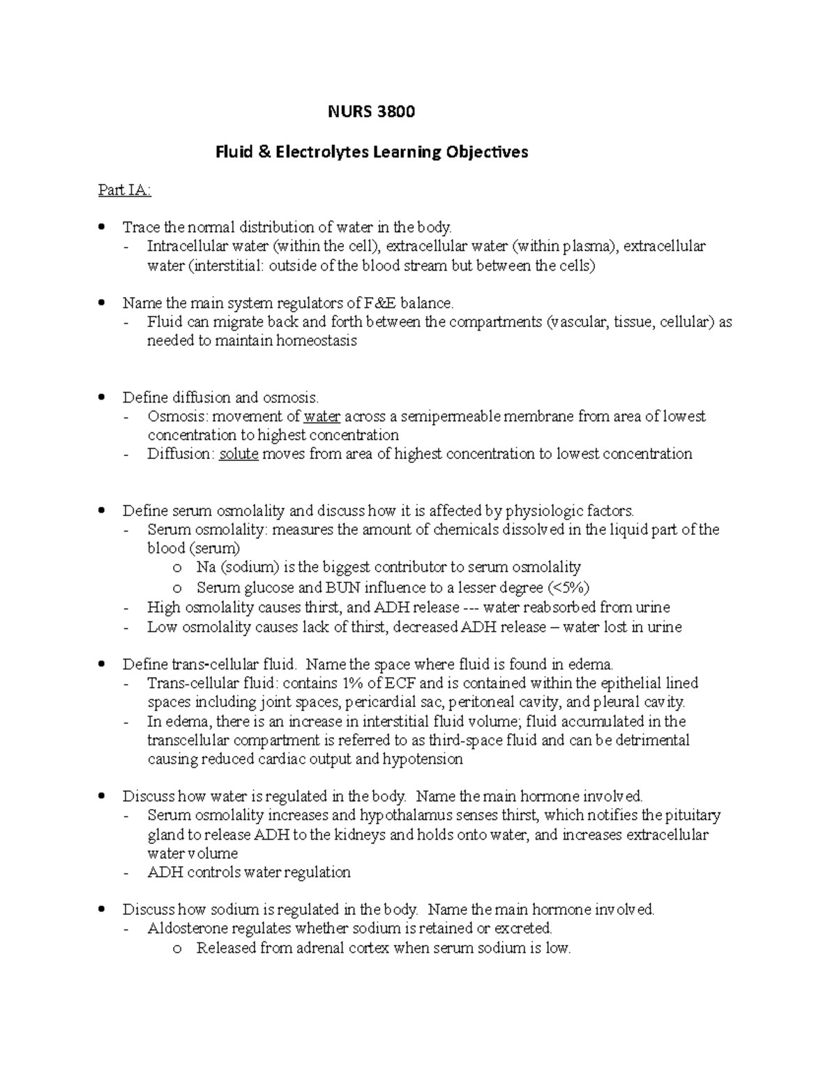 Fluid & Electrolyte Learning Objectives NURS 3800 Fluid