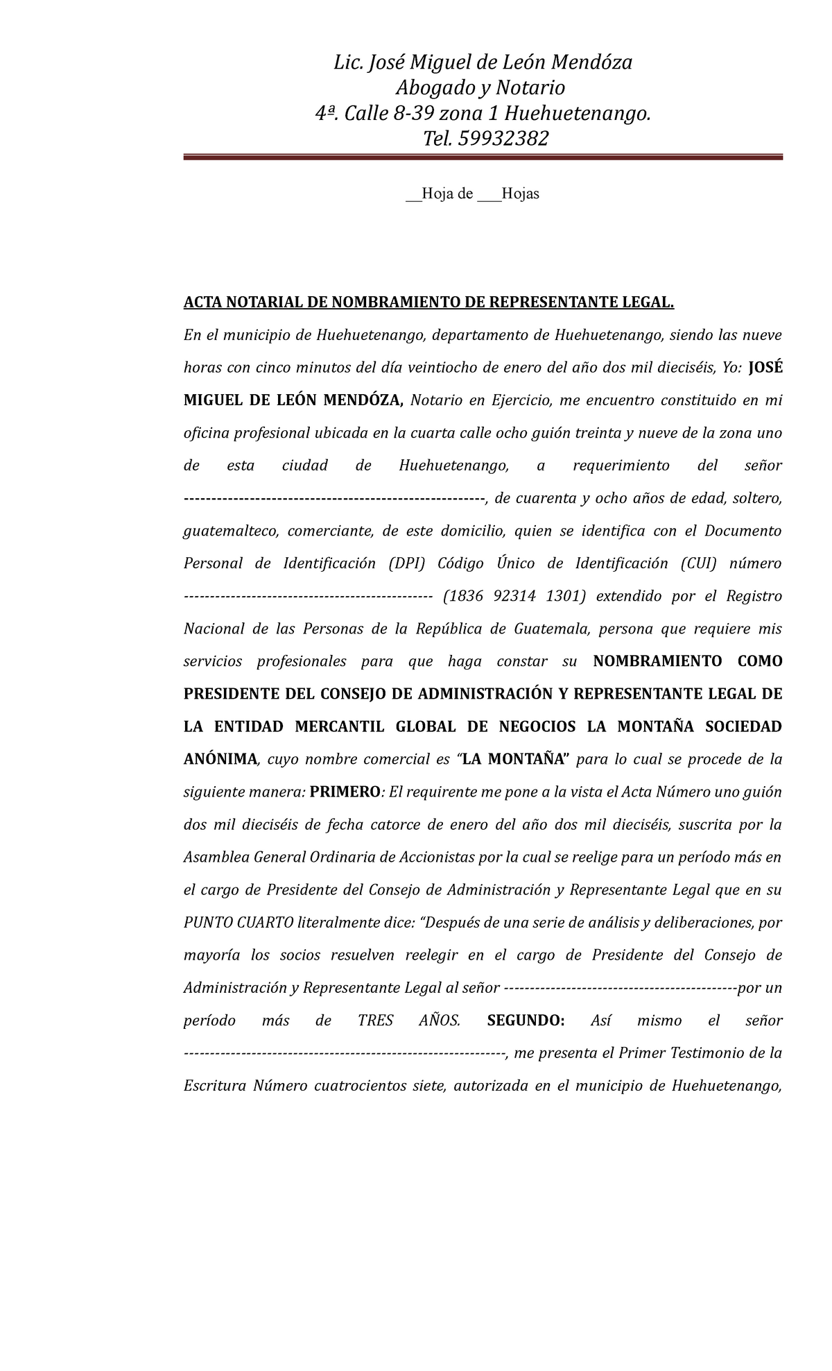 Acta Notarial Representante Legal La Montaña Lic Miguel De Abogado