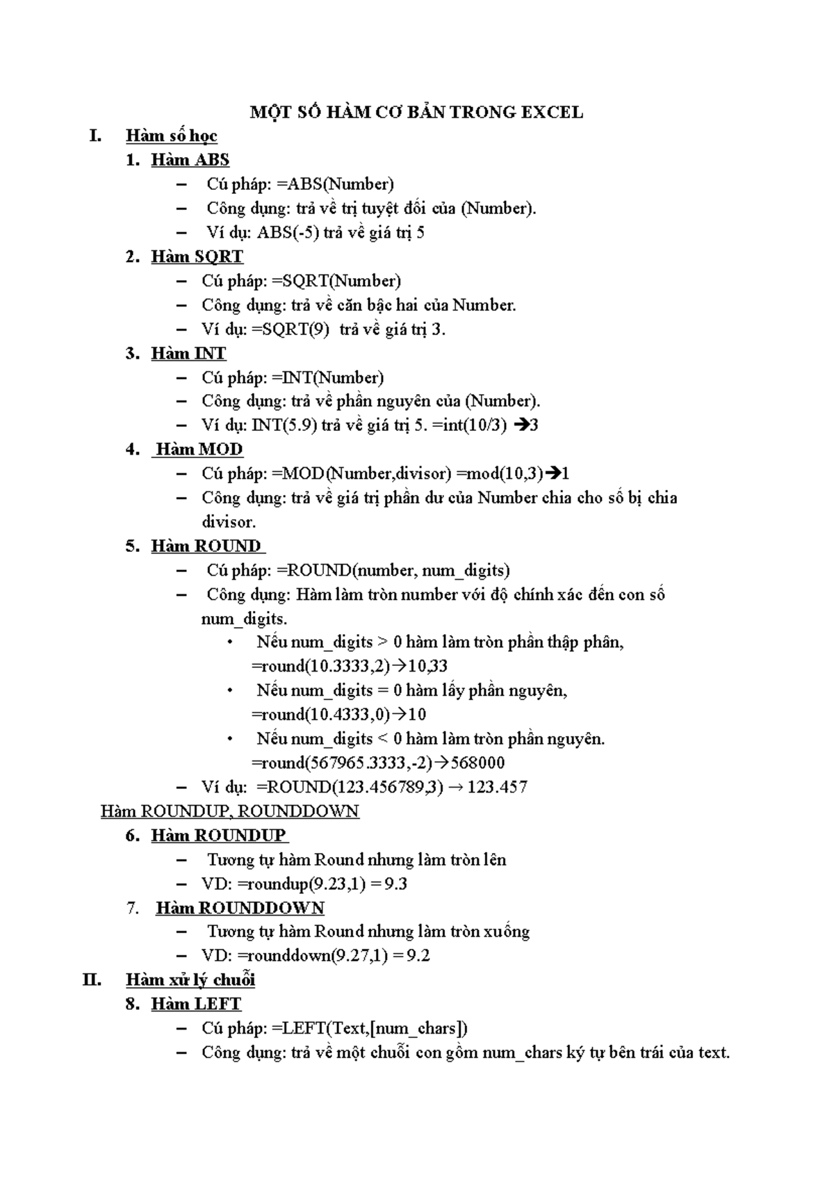 Ham co ban trong excel - MỘT SỐ HÀM CƠ BẢN TRONG EXCEL I. Hàm số học 1 ...