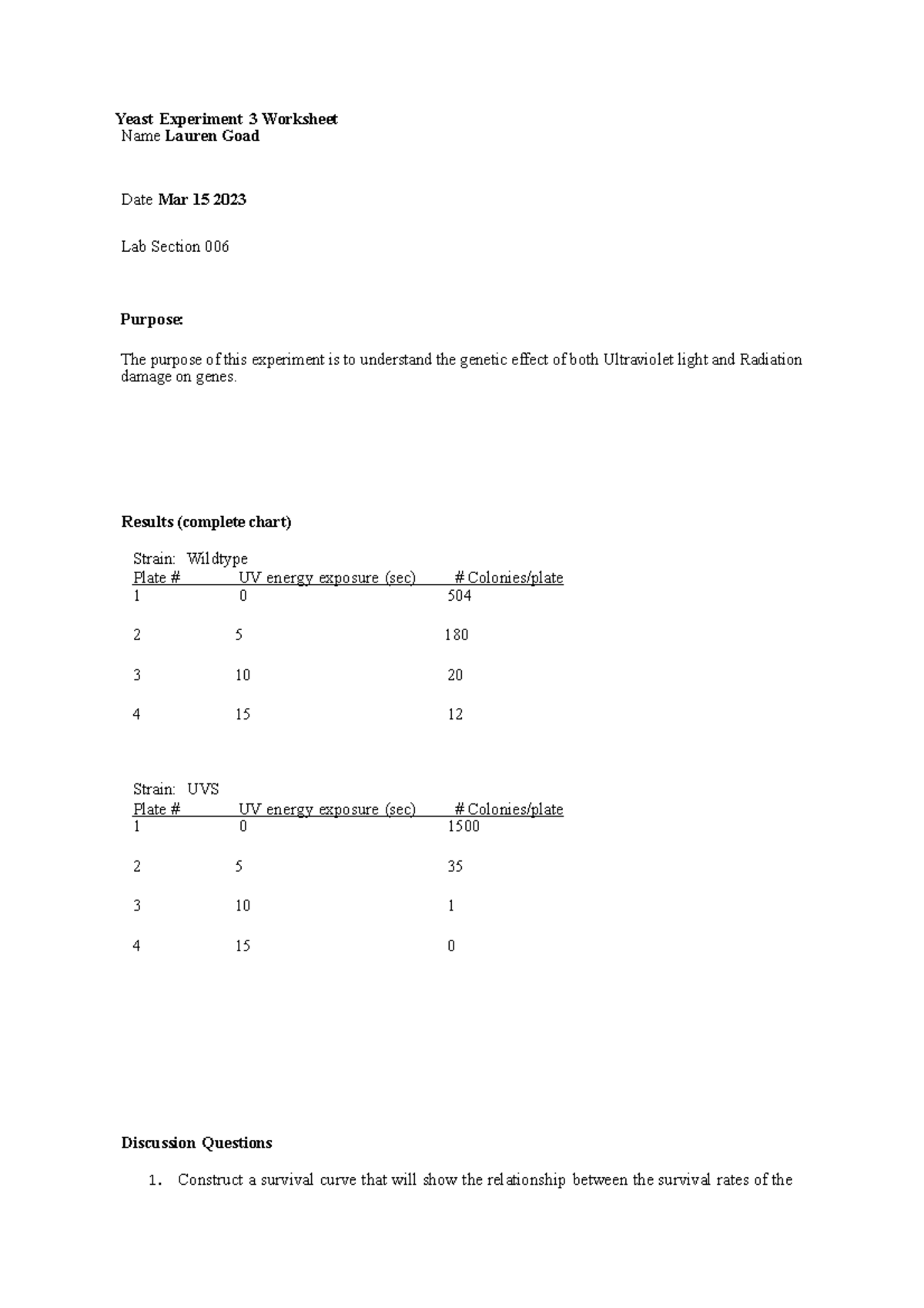 Yeast Experiment 3 Worksheet Final Yeast Experiment 3 Worksheet Name