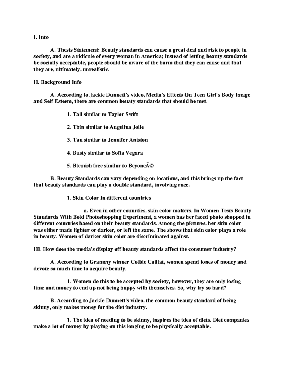 Sample Outline - Blablabla - I. Into A. Thesis Statement: Beauty ...