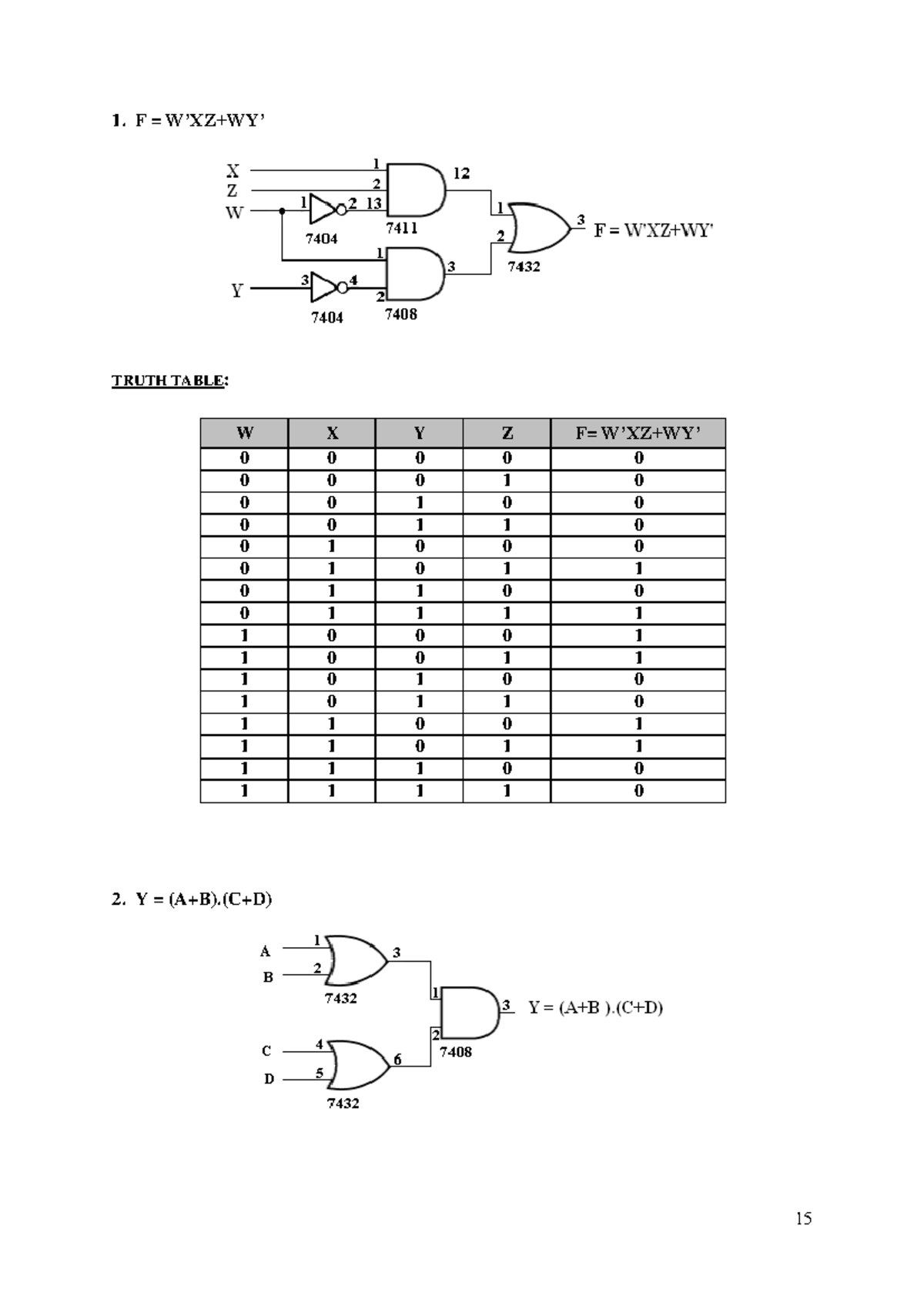 Second and third - tckg - 1. F = W’XZ+WY’ TRUTH TABLE: W X Y Z F= W’XZ ...