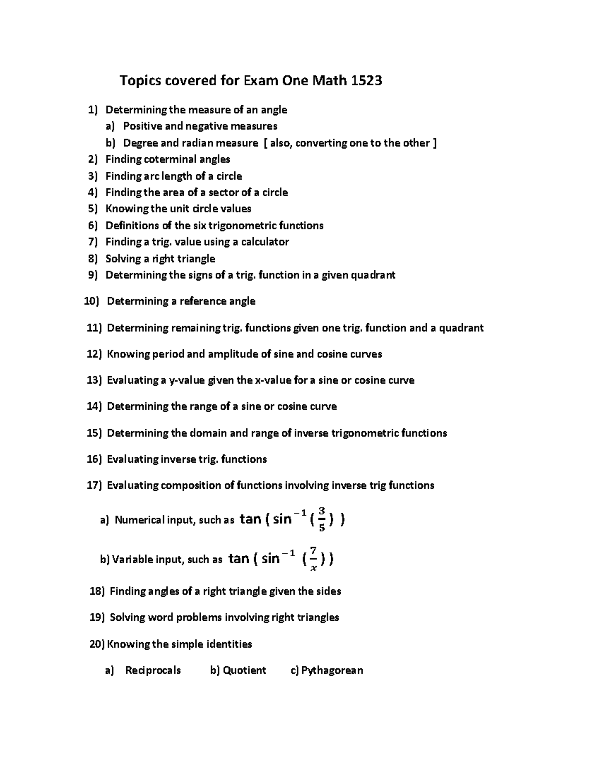 Math 1523 topics covered for exam one - Topics covered for Exam One ...
