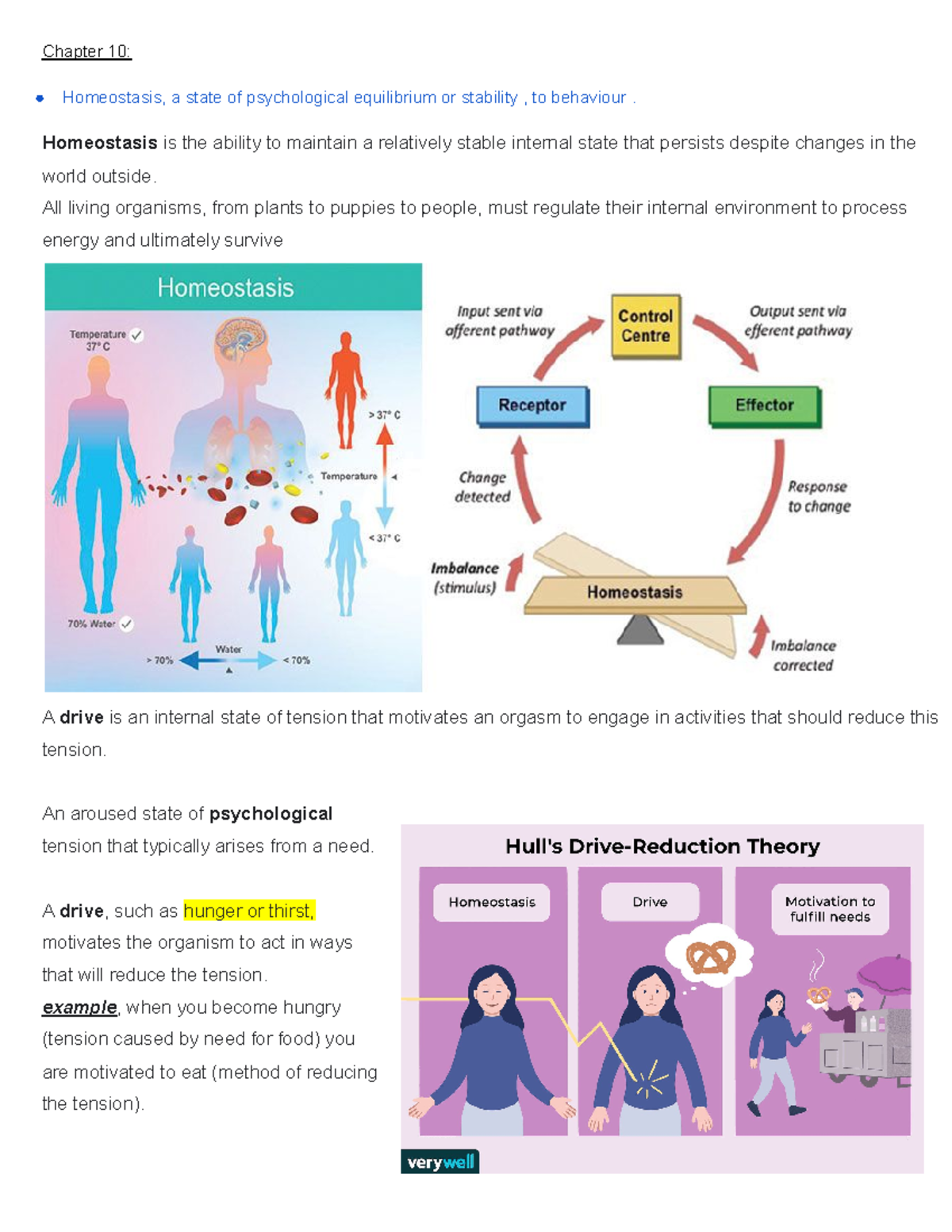 Psych Ch 10 notes Chapter 10 Homeostasis, a state of psychological