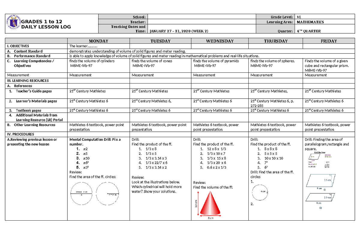 Dll Mathematics 6 Q4 W2 Lesson Plan Grades 1 To 12 Daily Lesson Log School Grade Level Vi 3477