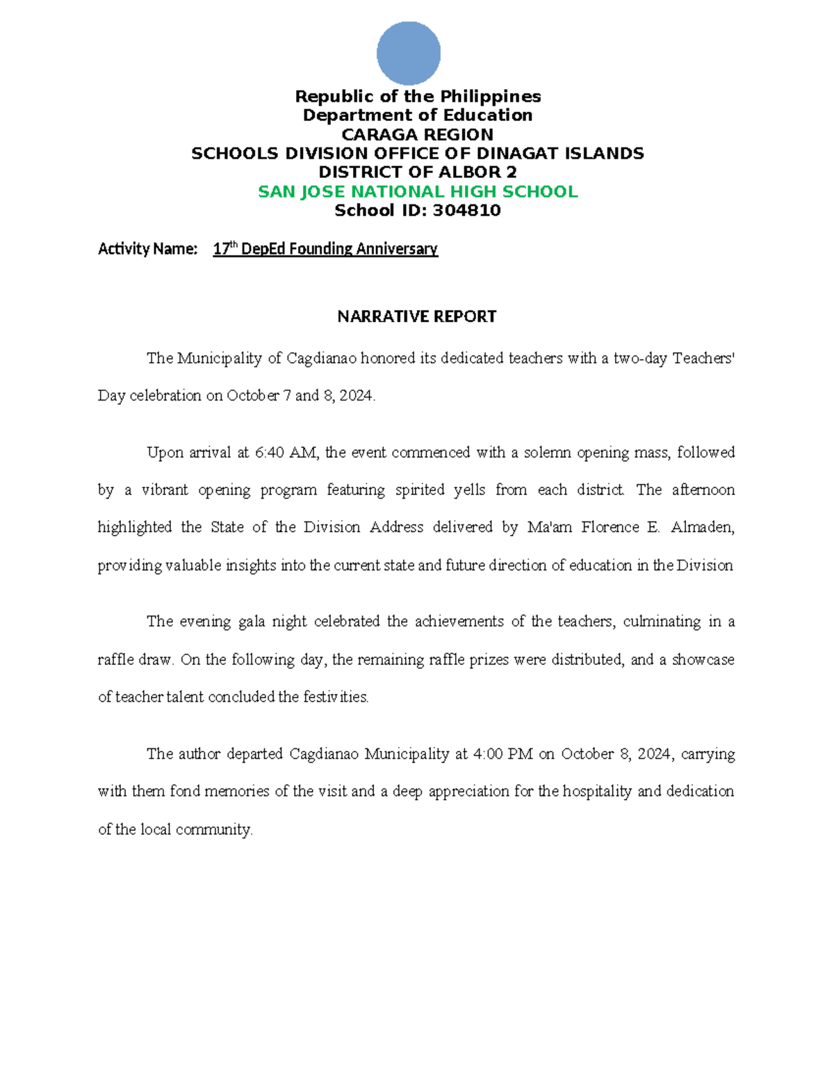 Narrative Report - yes - Republic of the Philippines Department of ...