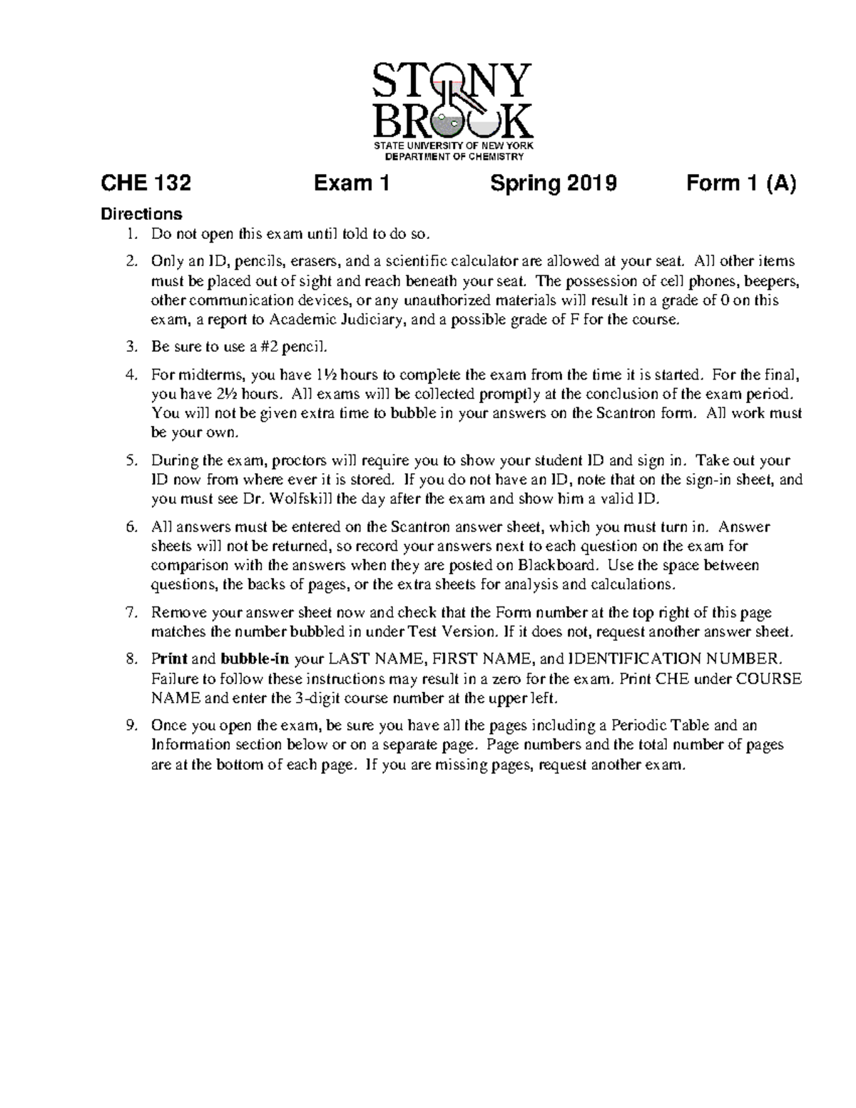 CHE132 Practice Exam 1 Spring 2019 - CHE 132 Exam 1 Spring 2019 Form 1 ...