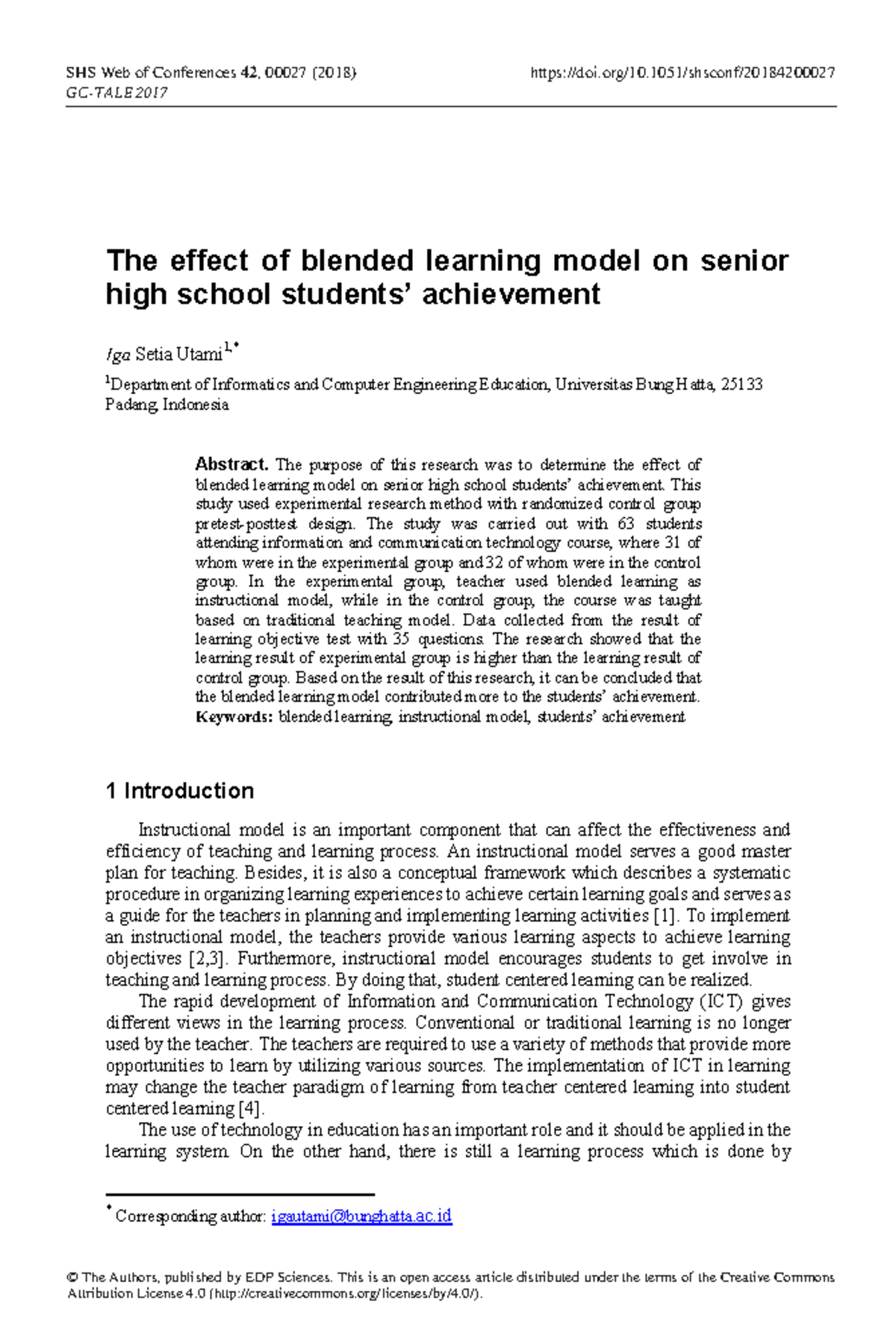 Shsconf gctale 2018 00027 - The effect of blended learning model on ...