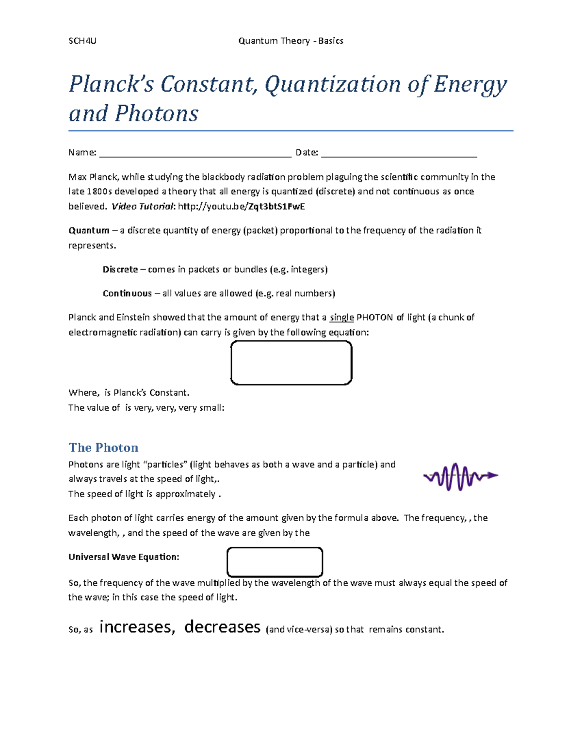 Plank Light Calculuations - SCH4U Quantum Theory - Basics Planck’s ...