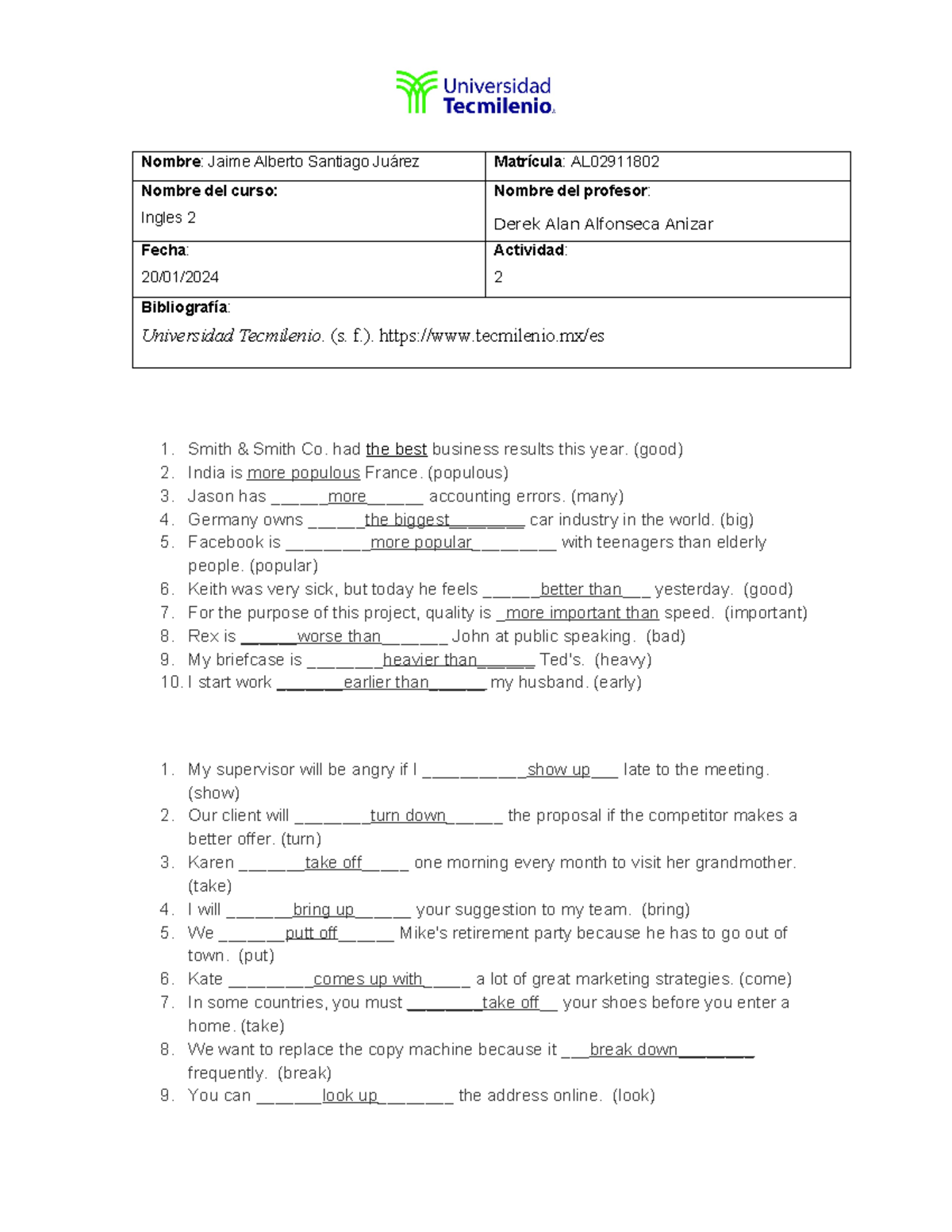 Act 2 - actividad 2 ingles semestre 8 universidad tecmilenio - Nombre ...