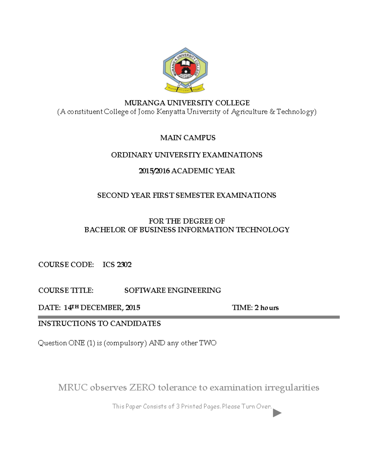 ICS 2302 Software Engineering - MURANGA UNIVERSITY COLLEGE (A ...