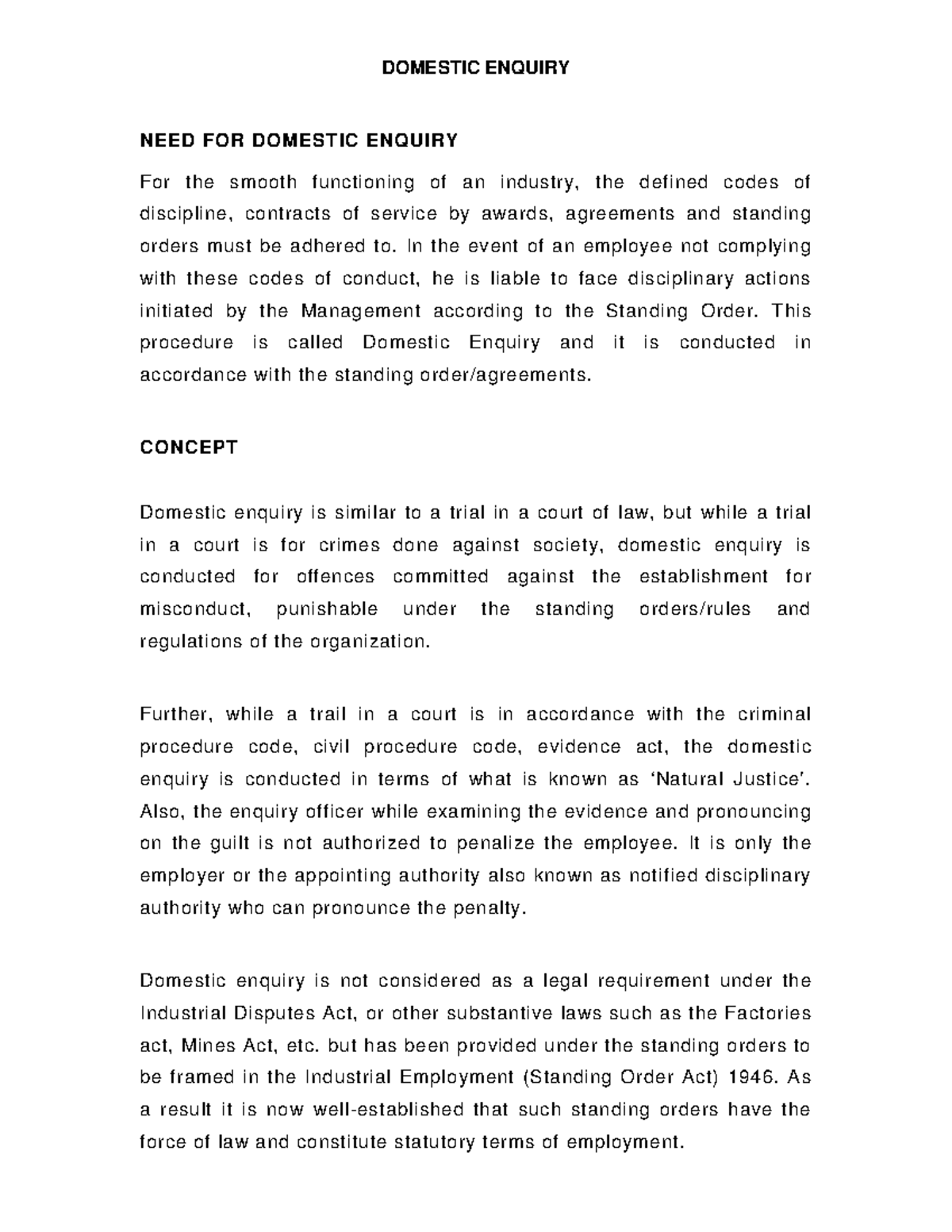 Domestic Enquiry - notes - DOMESTIC ENQUIRY NEED FOR DOMESTIC ENQUIRY ...