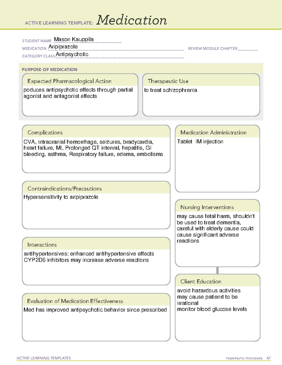 Aripiprazole - MED CARD for clinical assignment. This will help alot ...