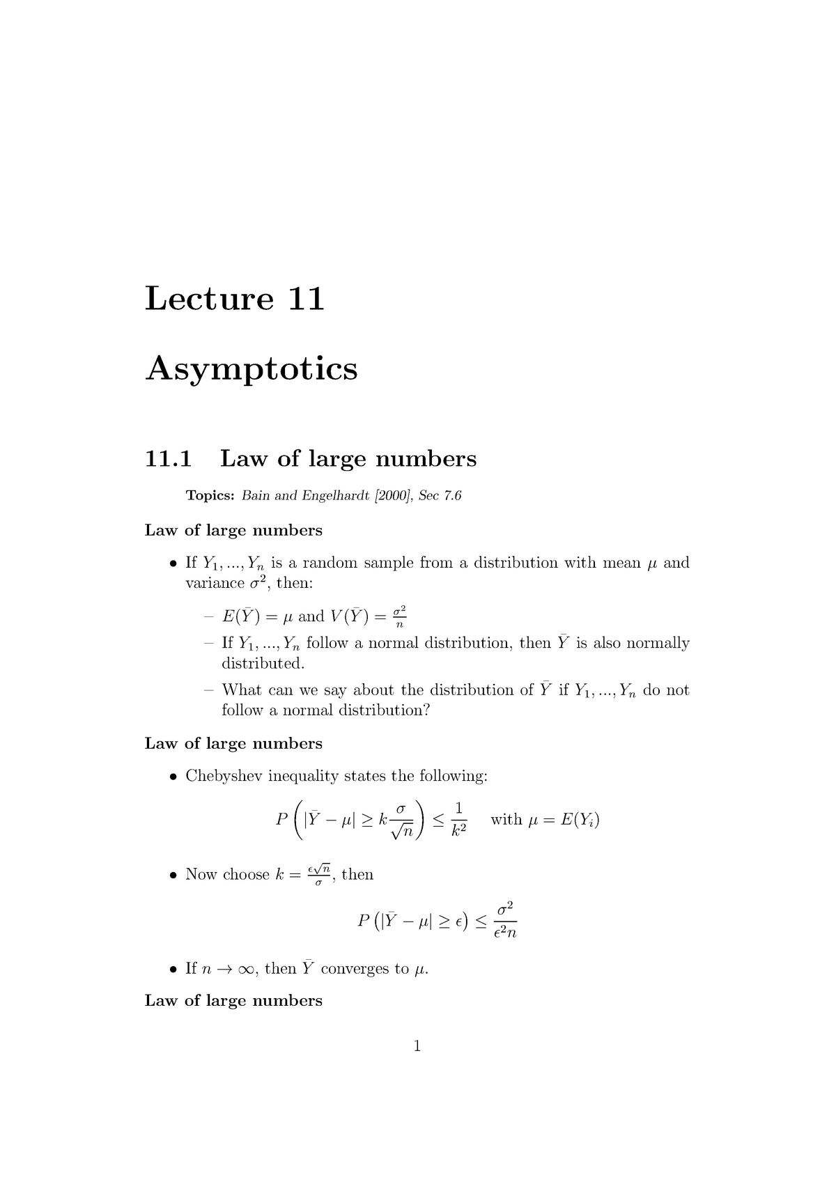 Asymptotics Summary - Lecture 11 Asymptotics 11 Law Of Large Numbers ...