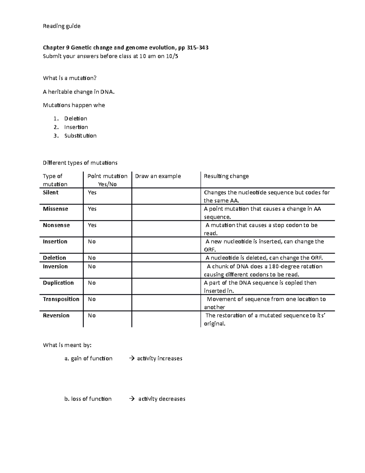 Chapter 9 Reading guide Genetic change and genome evolution-1 - Chapter ...