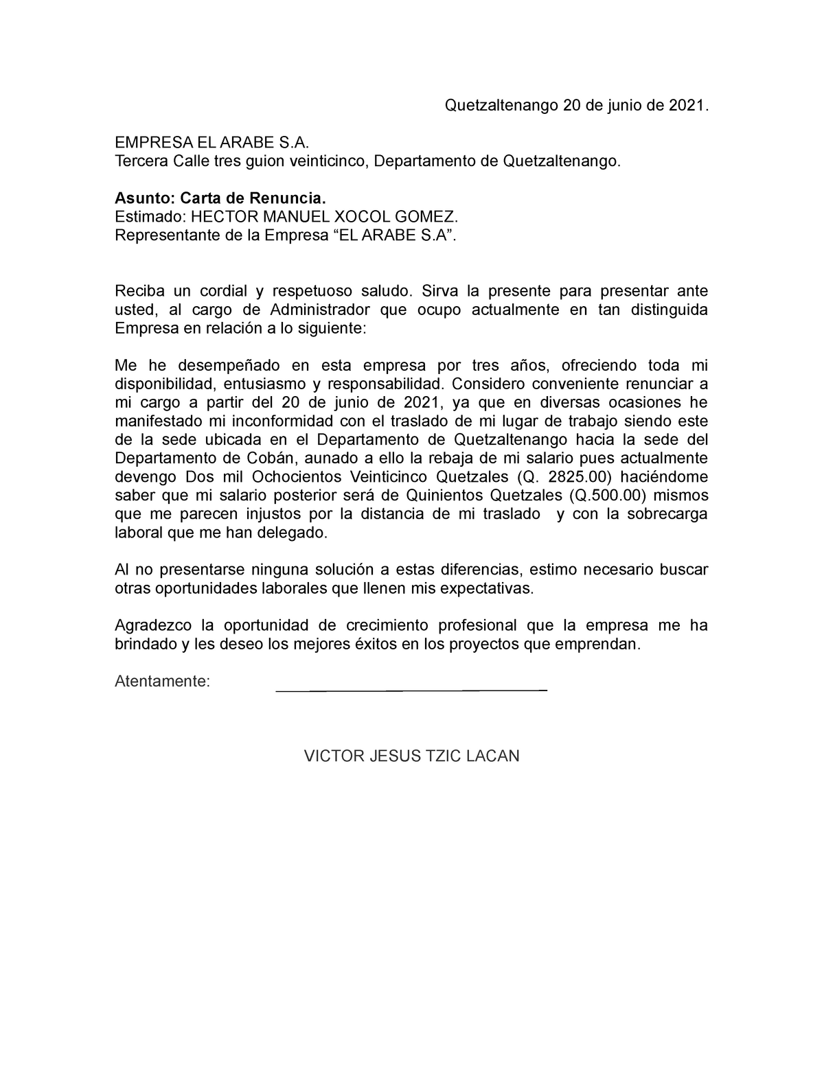 Carta De Renuncia Quetzaltenango 20 De Junio De 2021 Empresa El Arabe S Tercera Calle Tres 6997