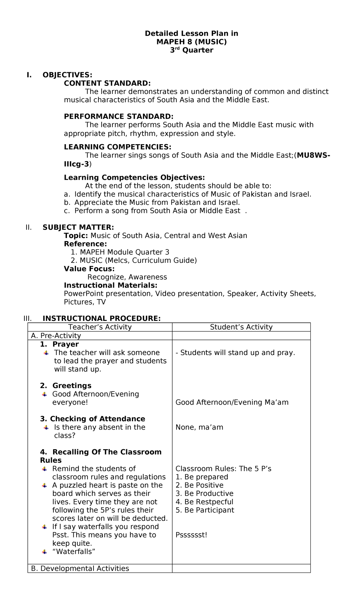 Lesson PLAN IN Mapeh 8 Music 3rd Quarter - Detailed Lesson Plan in ...