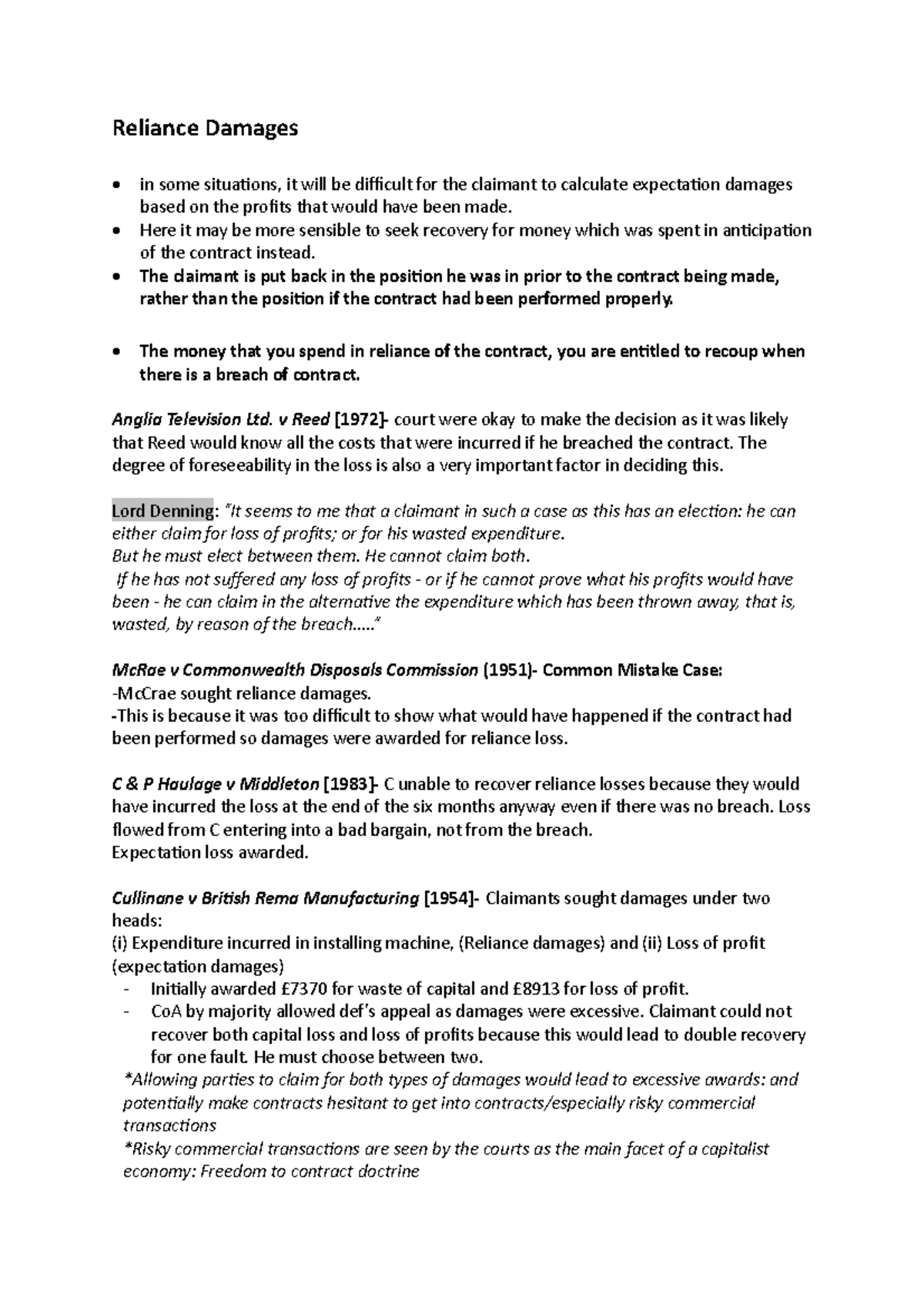 3.27 Reliance Damages Notes Reliance Damages in some situations, it
