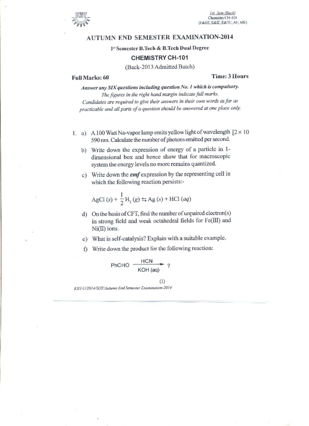Chemistry-CH 101- 1st Sem (Back 2013 ) 2014 - Chemistry - Studocu