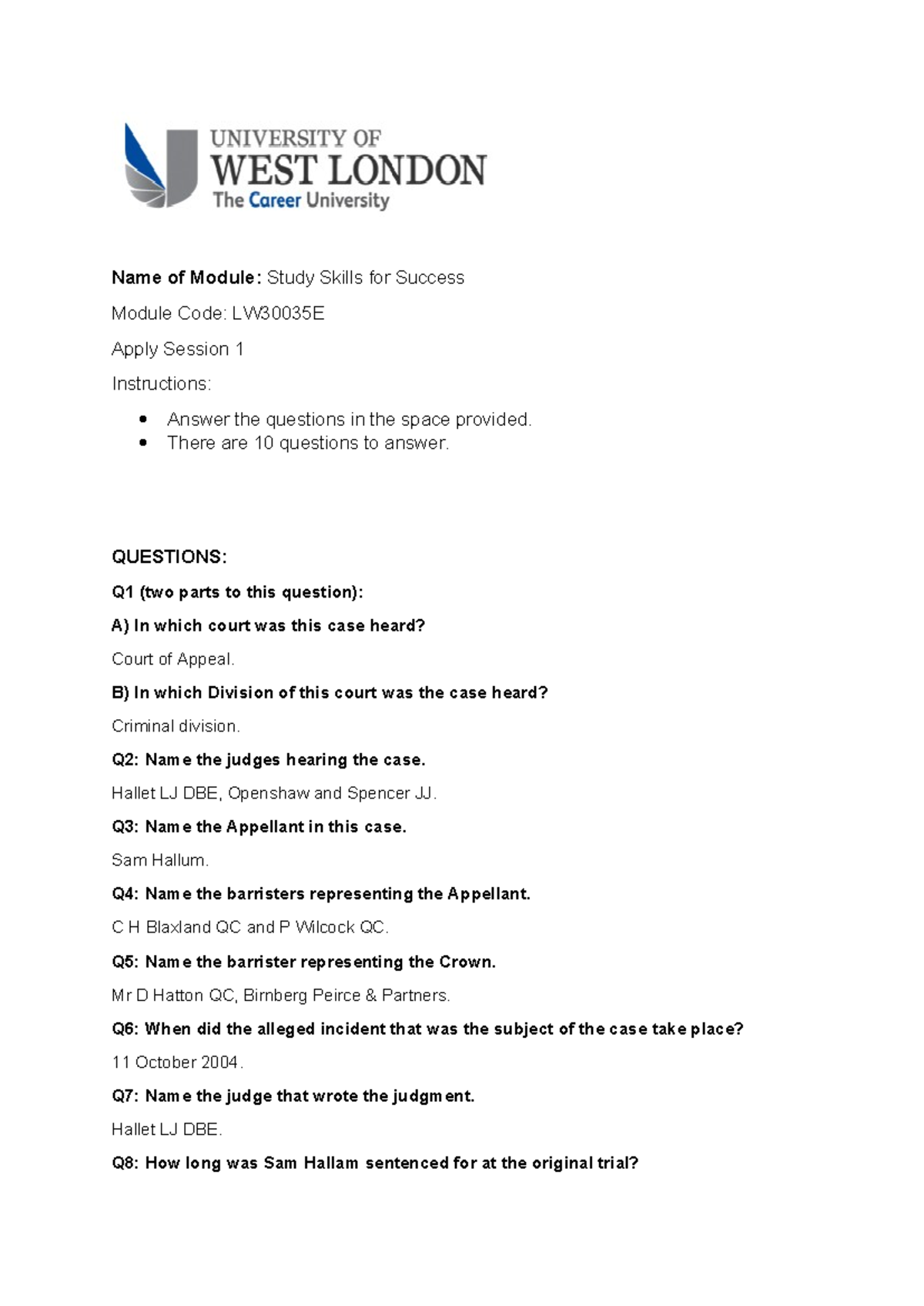 LW30035 E Apply Session 1 - Name of Module: Study Skills for Success ...
