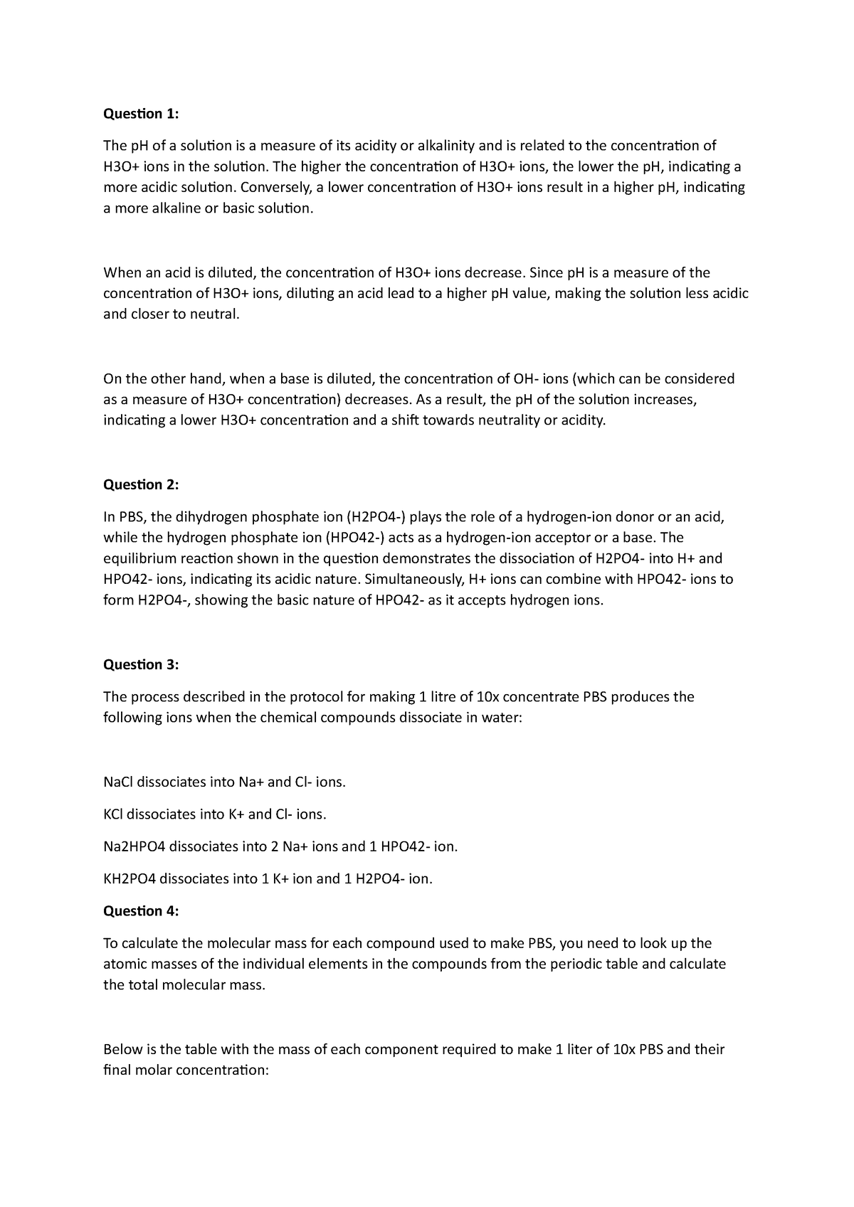 Bio 1121 unit2 written assignment - Ques琀椀on 1: The pH of a solu琀椀on is ...