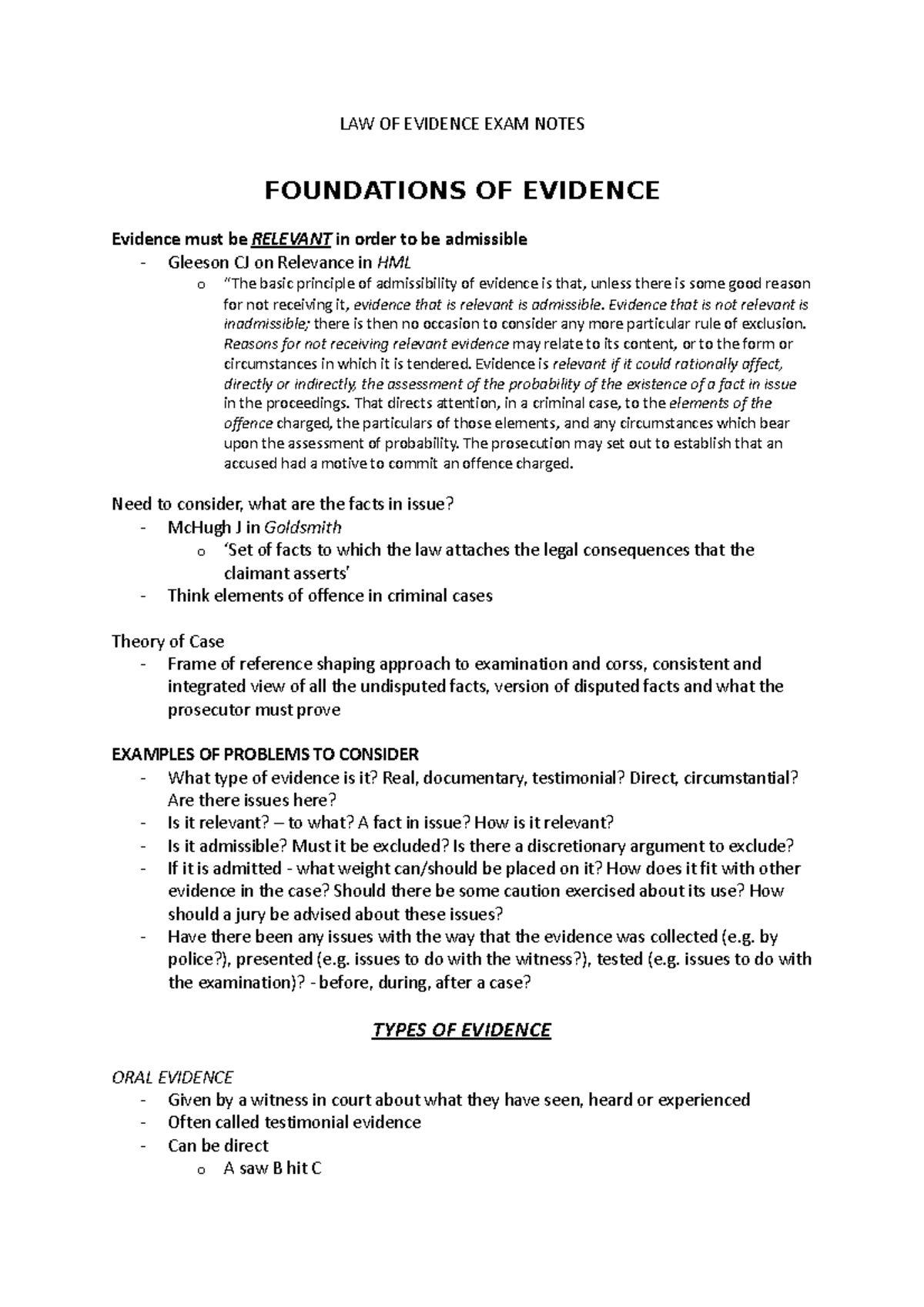LAW OF Evidence EXAM Notes LAW OF EVIDENCE EXAM NOTES FOUNDATIONS OF
