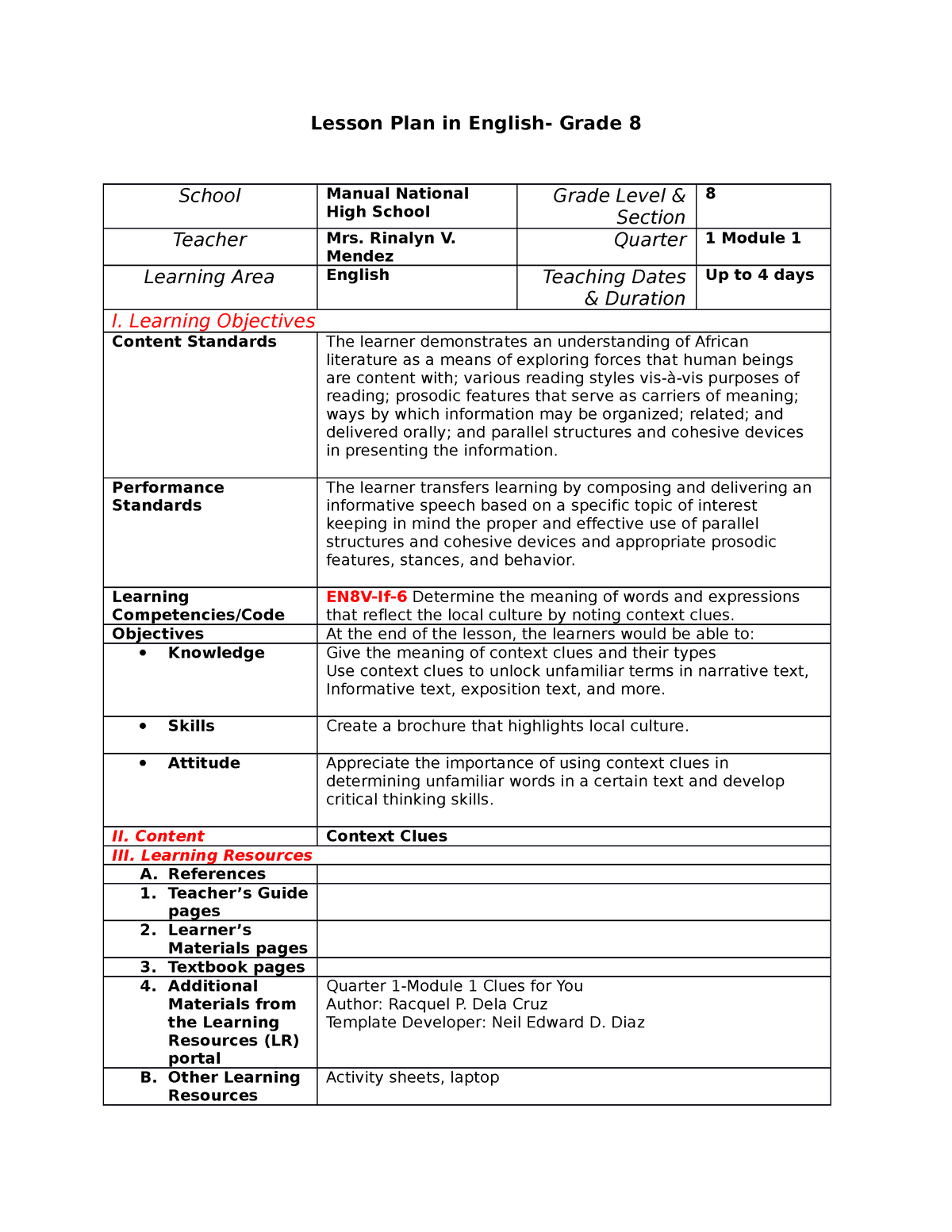 Lesson Plan In English 8 - Rinalyn V. Mendez Quarter 1 Module 1 ...