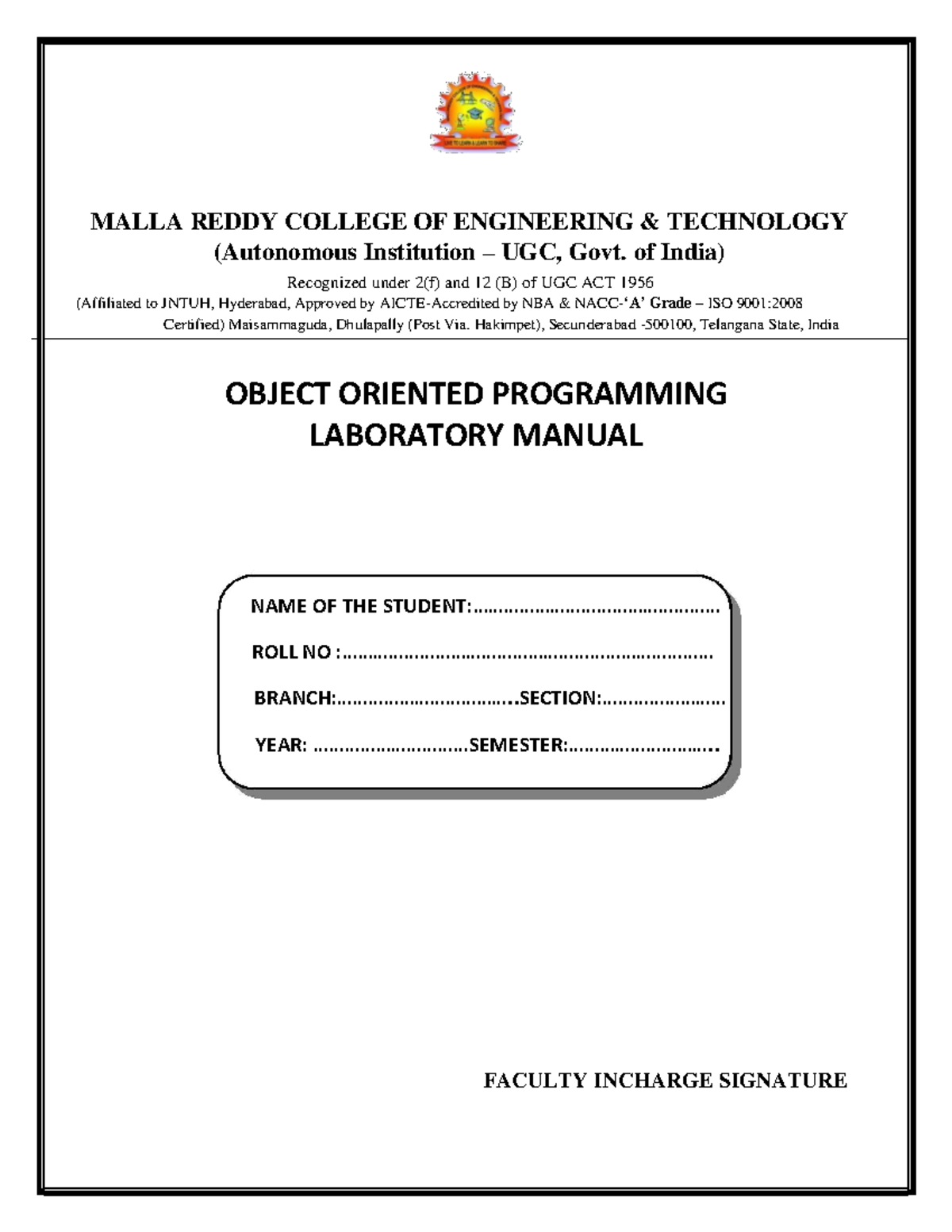OOP LAB Manual 201819 MALLA REDDY COLLEGE OF ENGINEERING