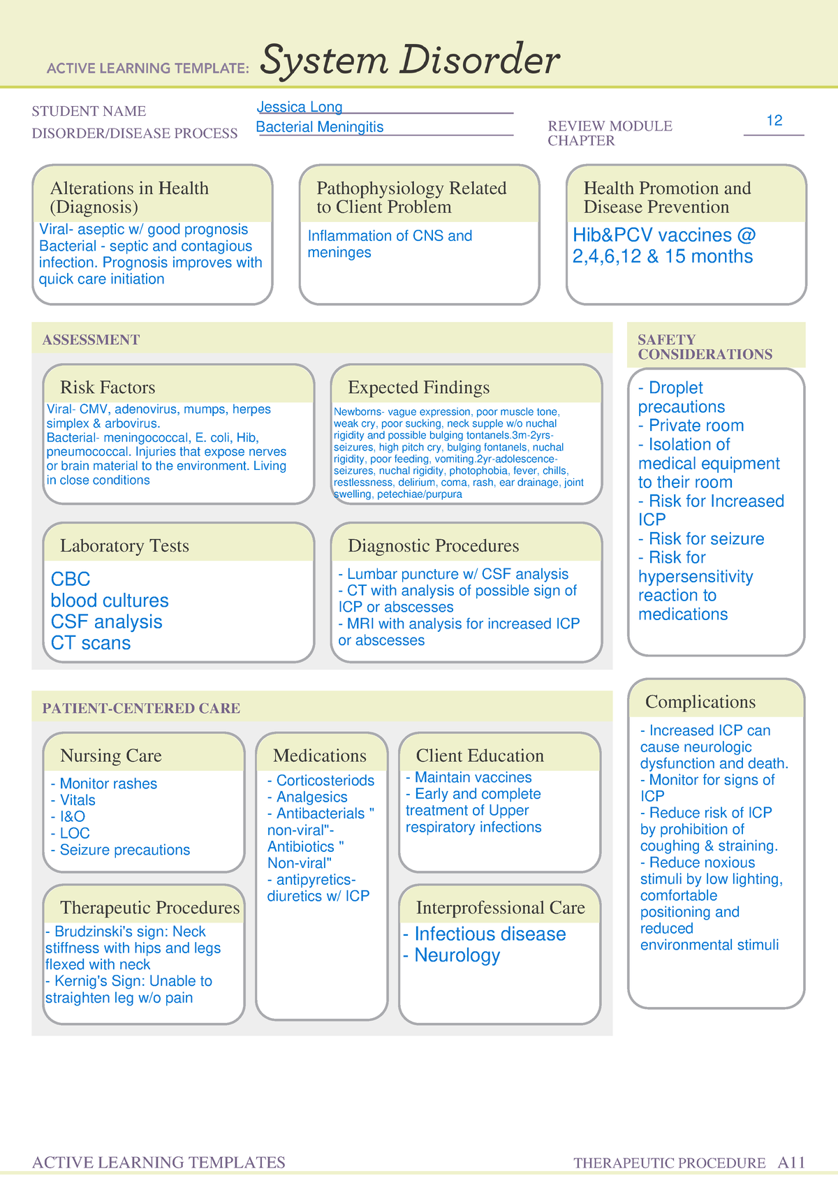 Bacterial Meningitis - Notes - STUDENT NAME DISORDER/DISEASE PROCESS ...