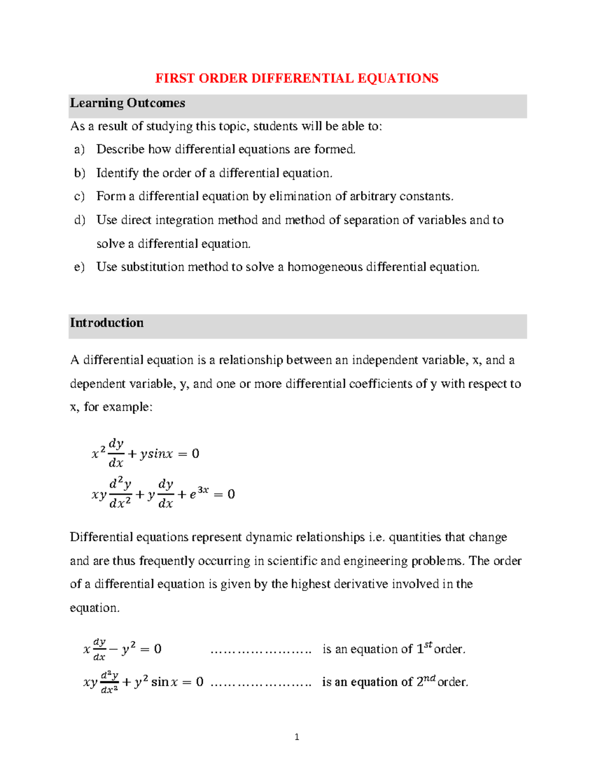 Lesson 9 First Order Differential Equations FIRST ORDER DIFFERENTIAL