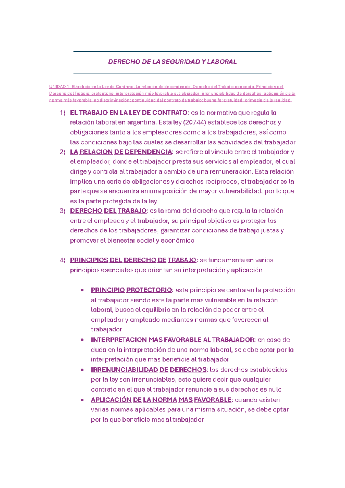 Resumen derecho laboral - DERECHO DE LA SEGURIDAD Y LABORAL UNIDAD 1 ...