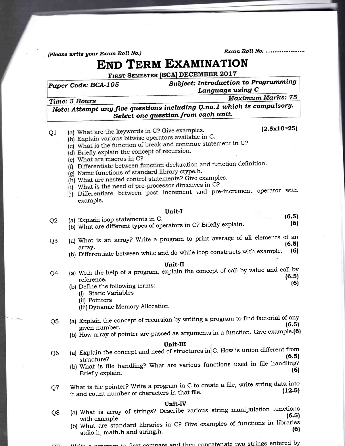 C Programming Question Paper Paper Code BCA 7OS Subj ect Intro