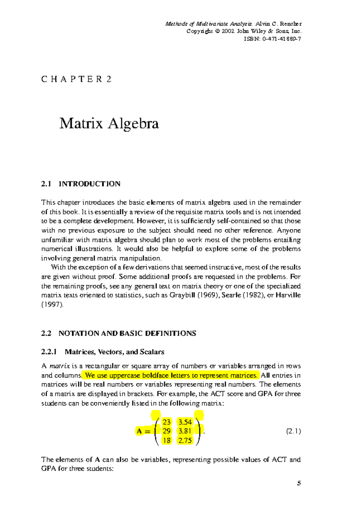 Ch2 - MATHEMATICAL STATISTICS - C H A P T E R 2 Matrix Algebra 2 ...