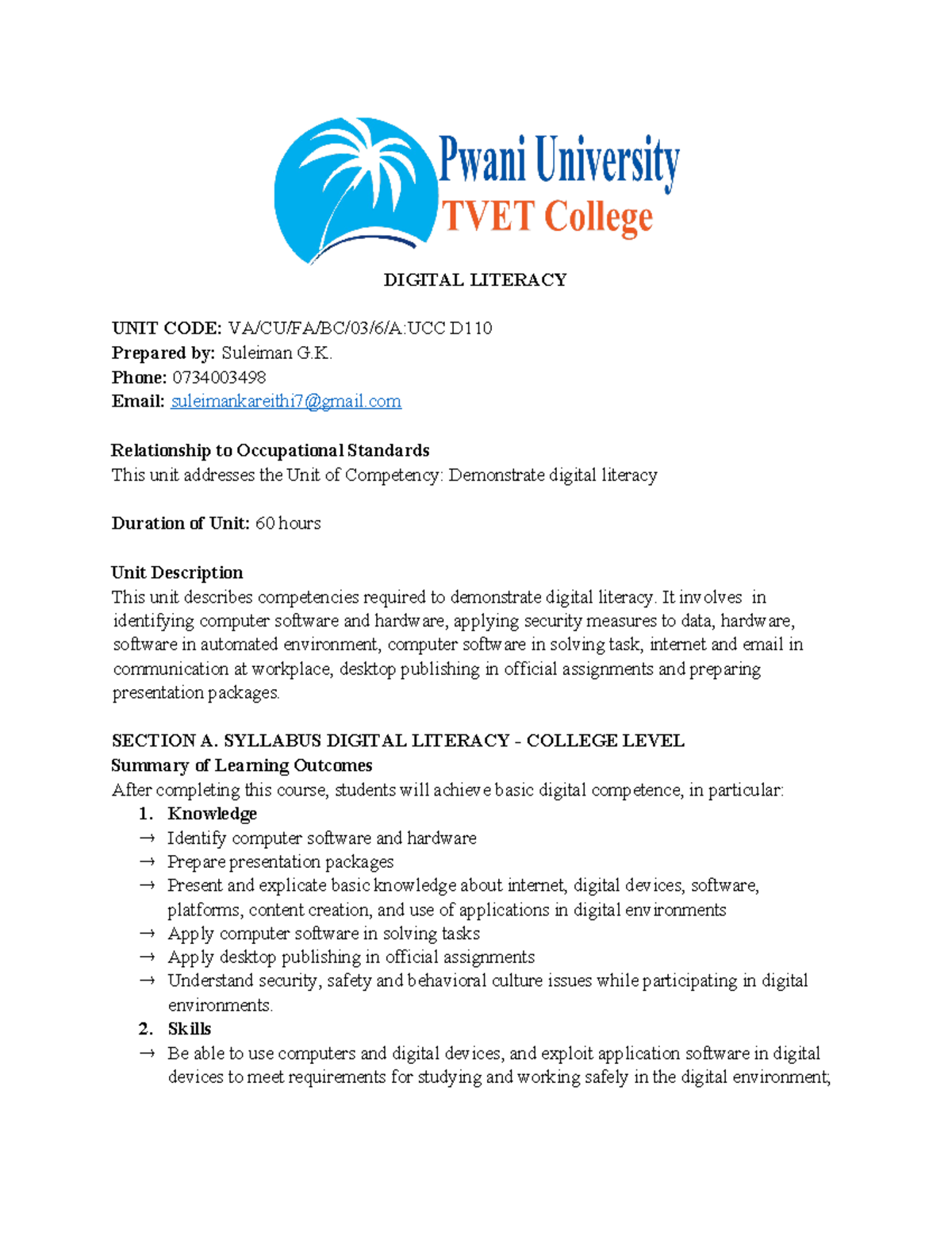 Digital Literacy Syllabus DIGITAL LITERACY UNIT CODE VA/CU/FA/BC/03