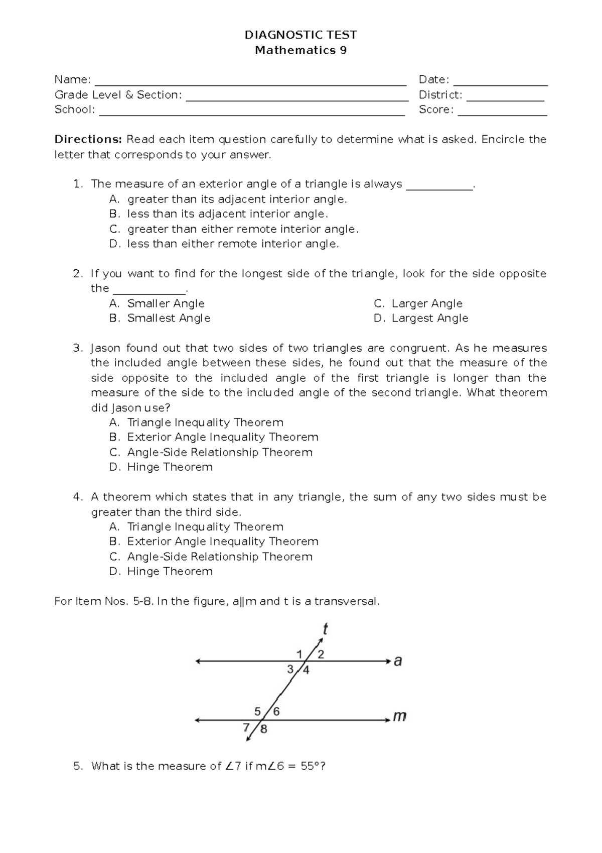 Diagnostic test in math 9 - DIAGNOSTIC TEST Mathematics 9 Name: - Studocu