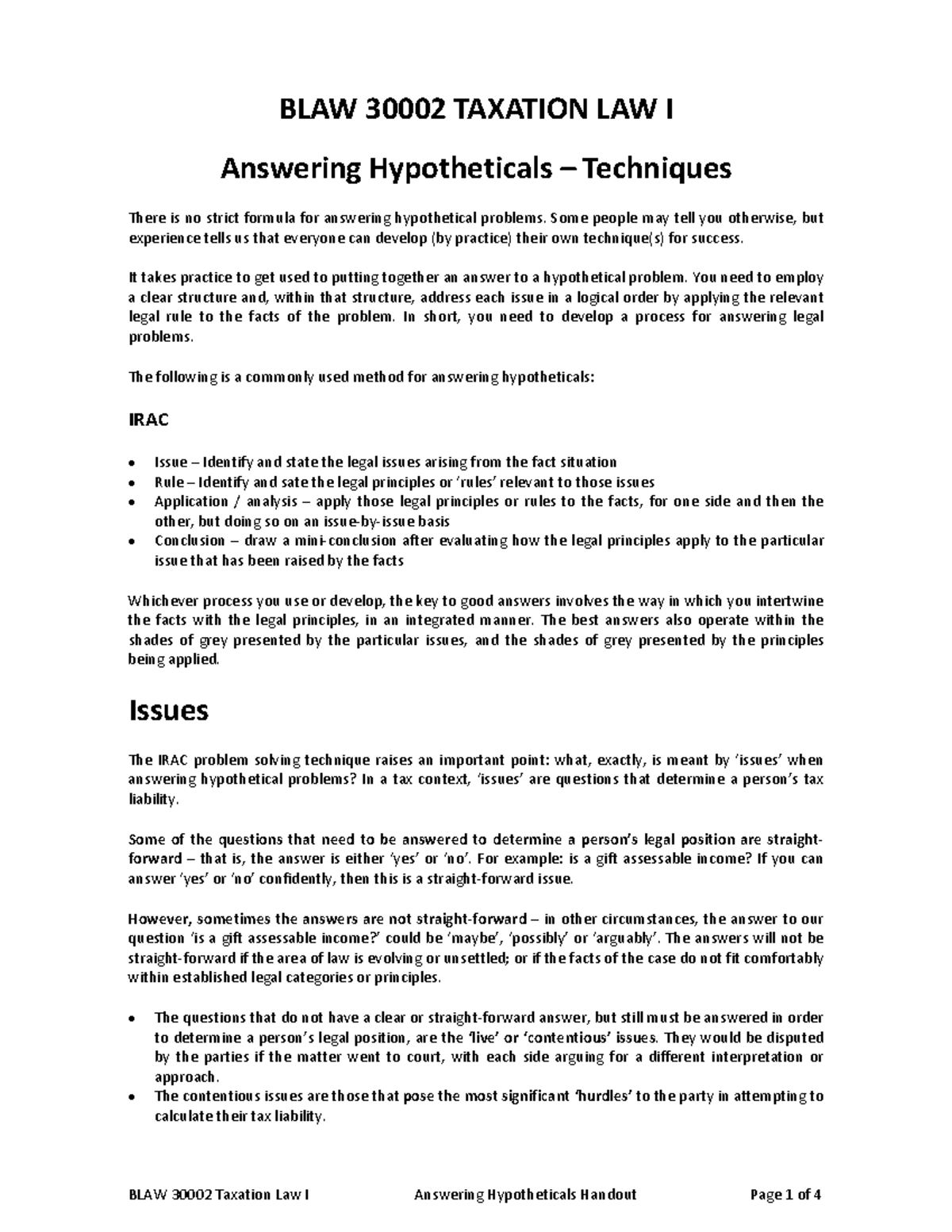 Answering Hypotheticals Handout - BLAW 30002 TAXATION LAW I Answering ...