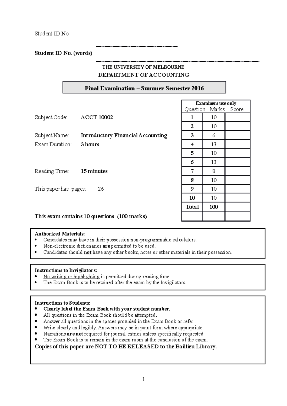 Exam 2016, questions - Student ID No. Student ID No. (words) THE ...